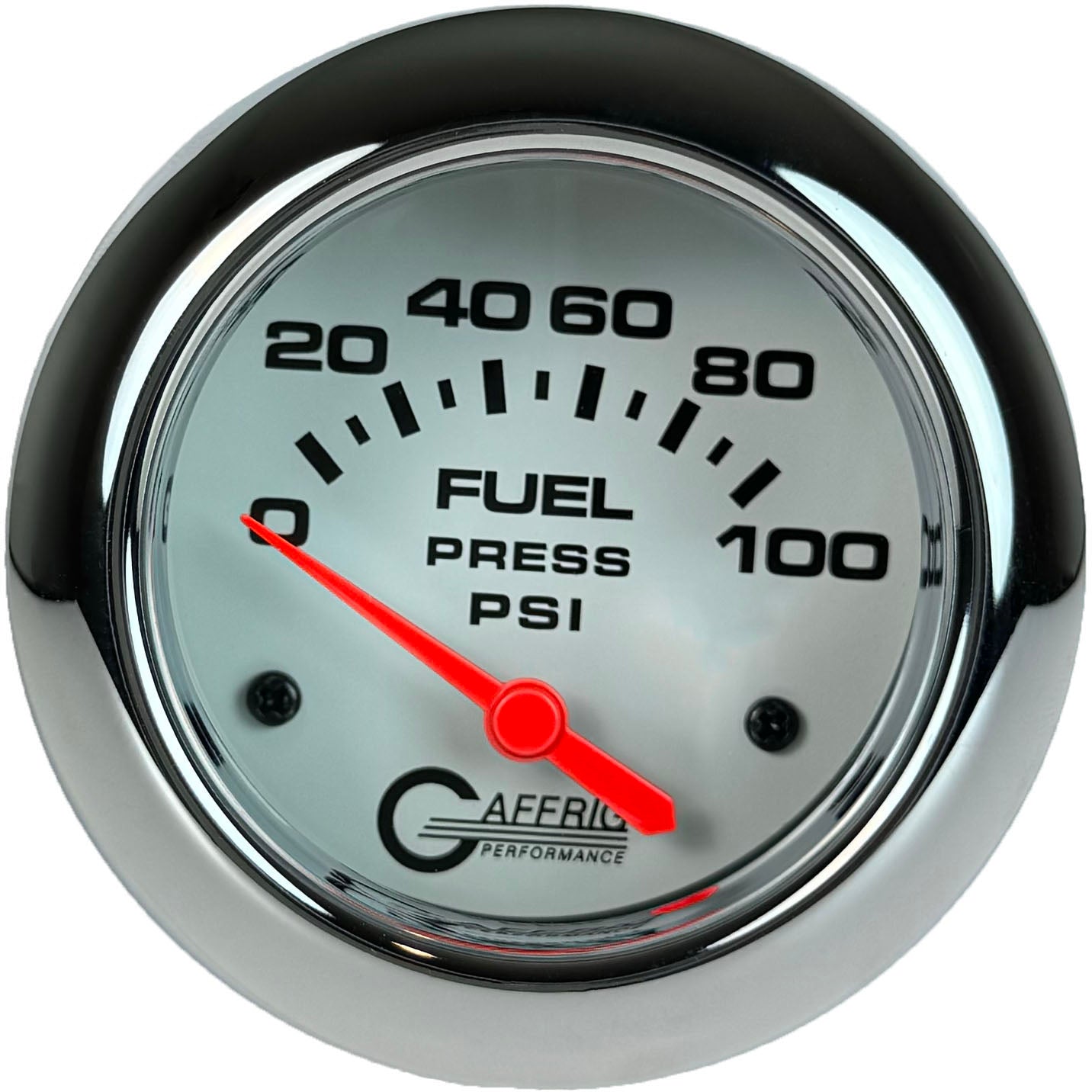 GAFFRIG PART #13008 2 5/8 INCH ELECTRIC FUEL PRESSURE GAUGE 0-100 PSI - INCLUDES SENDER WHITE CHROME