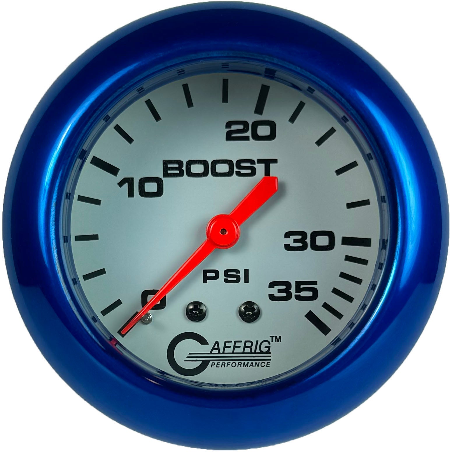 GAFFRIG PART #13010 2 5/8 INCH MECHANICAL BOOST GAUGE 0-35 PSI WHITE BLUE