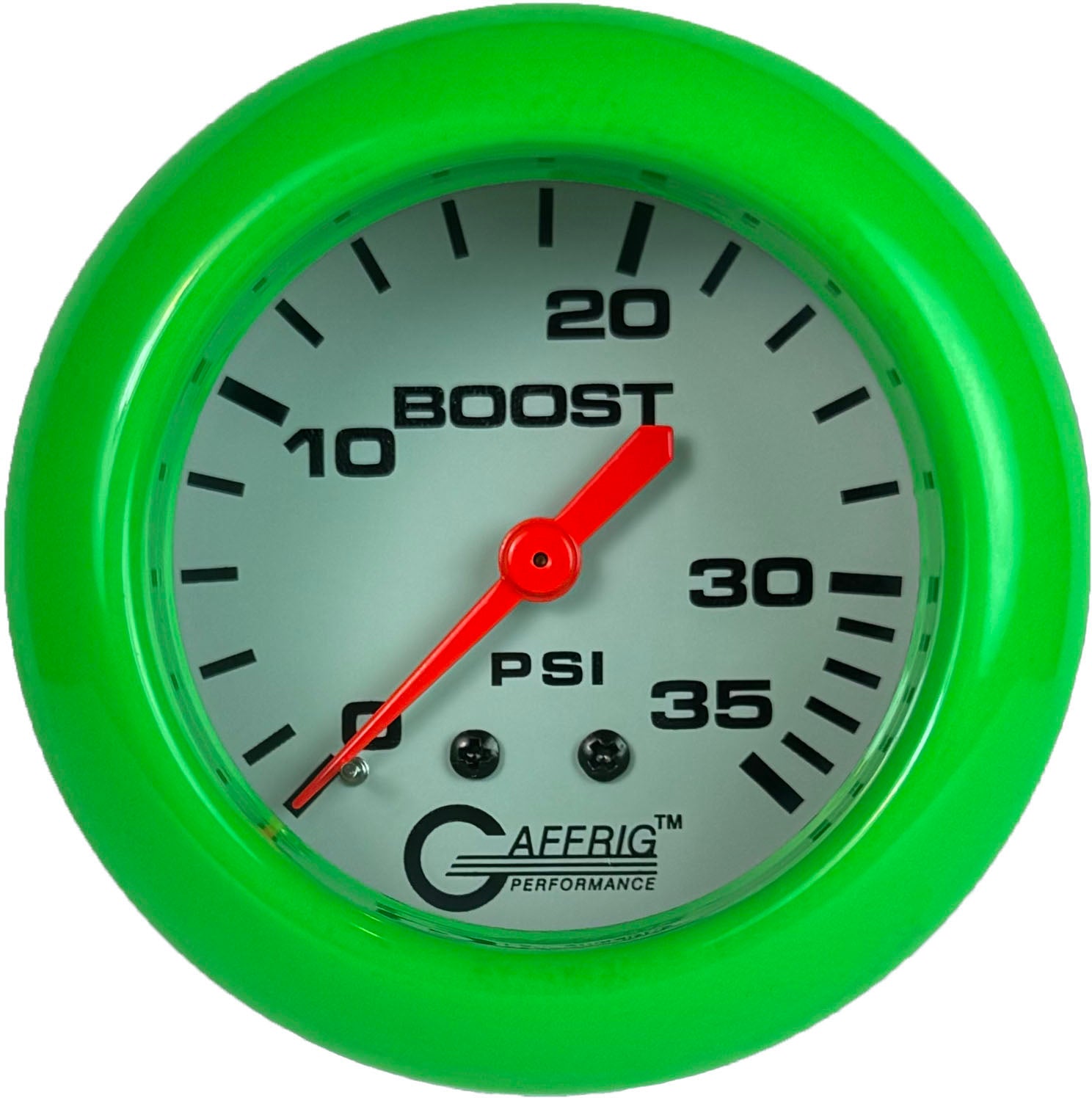 GAFFRIG PART #13010 2 5/8 INCH MECHANICAL BOOST GAUGE 0-35 PSI WHITE LIME GREEN