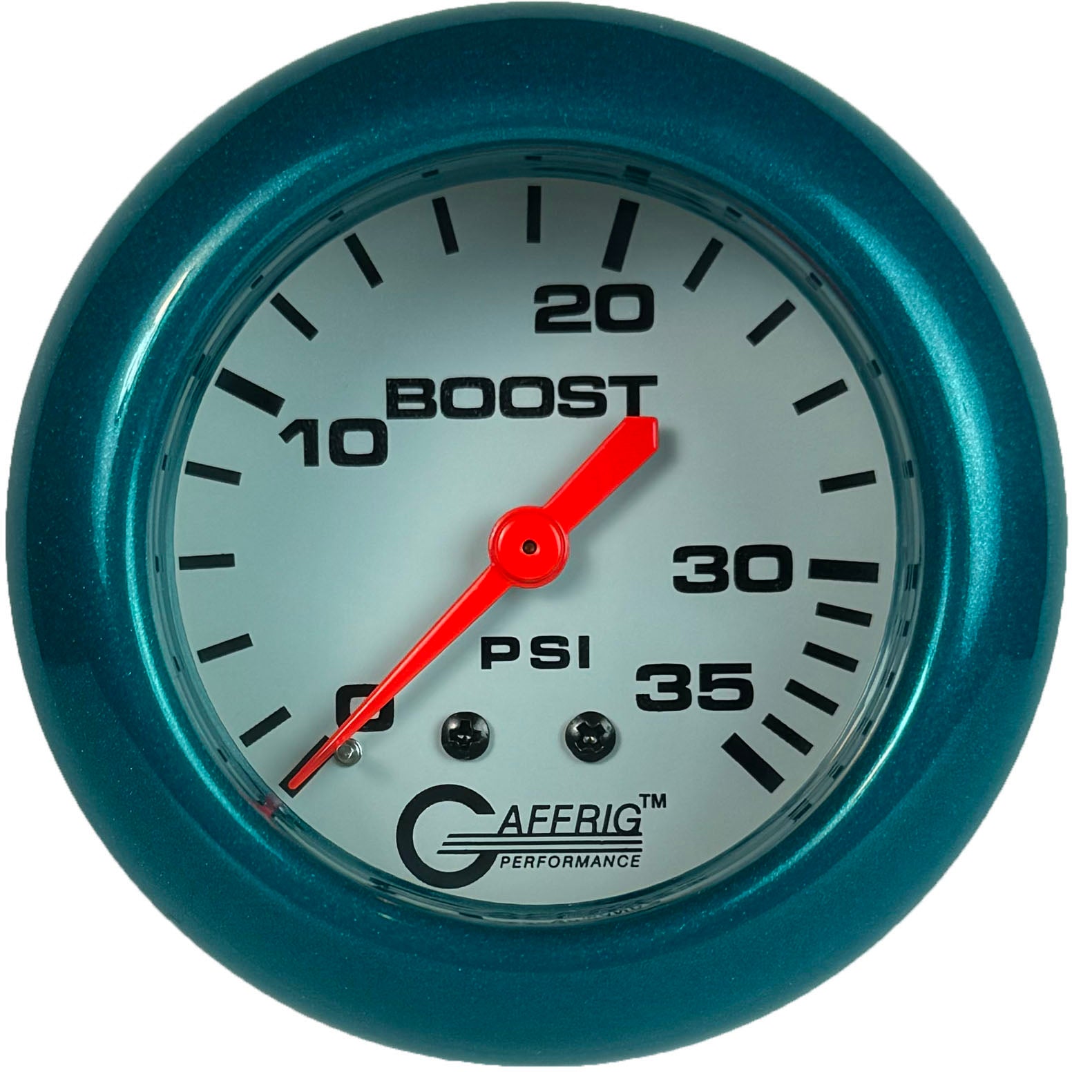 GAFFRIG PART #13010 2 5/8 INCH MECHANICAL BOOST GAUGE 0-35 PSI WHITE TEAL