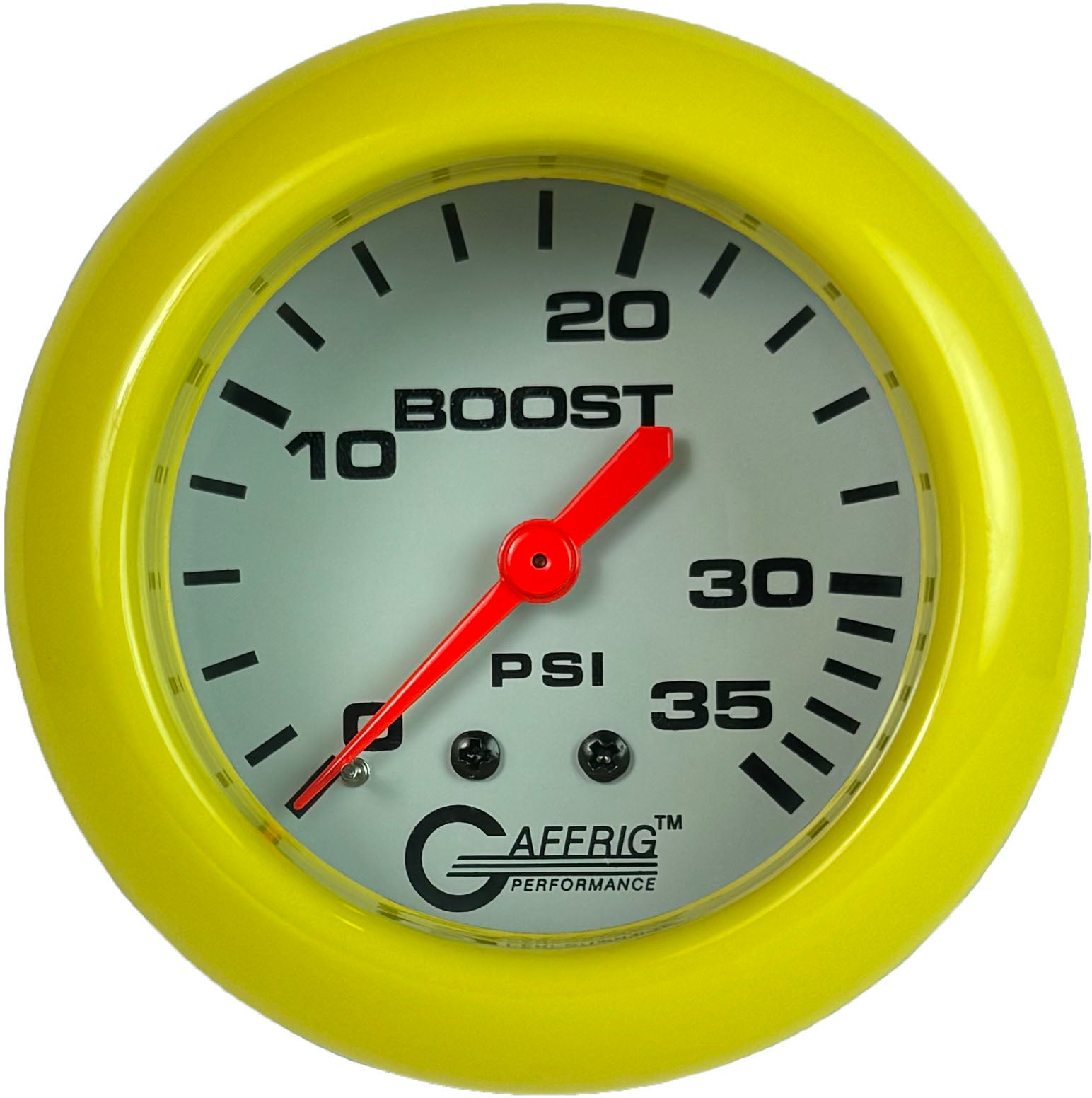 GAFFRIG PART #13010 2 5/8 INCH MECHANICAL BOOST GAUGE 0-35 PSI WHITE YELLOW