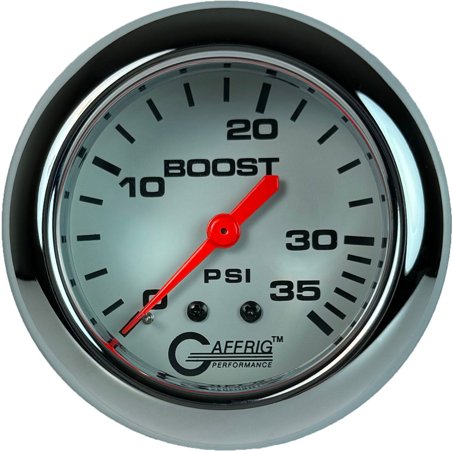 GAFFRIG PART #13010 2 5/8 INCH MECHANICAL BOOST GAUGE 0-35 PSI WHITE CHROME