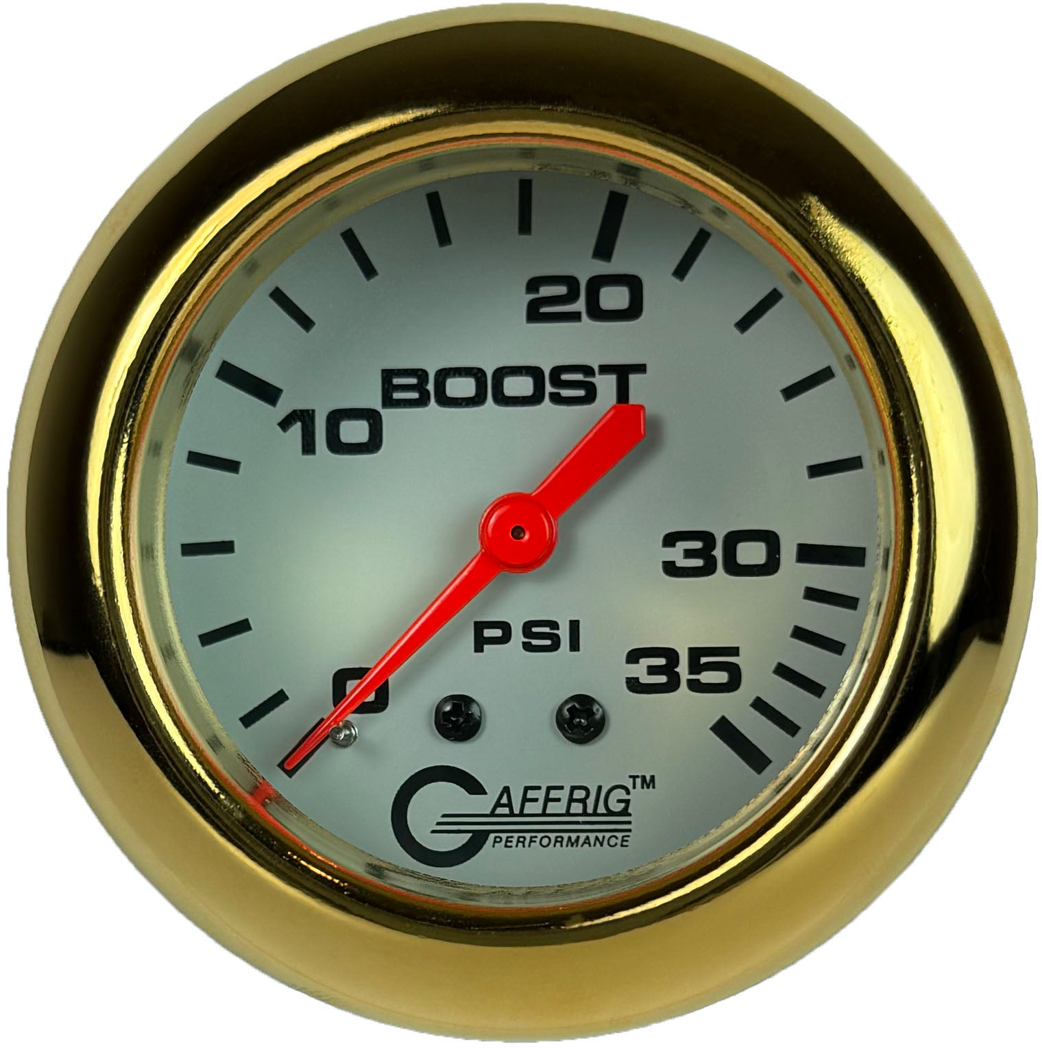 GAFFRIG PART #13010 2 5/8 INCH MECHANICAL BOOST GAUGE 0-35 PSI WHITE GOLD