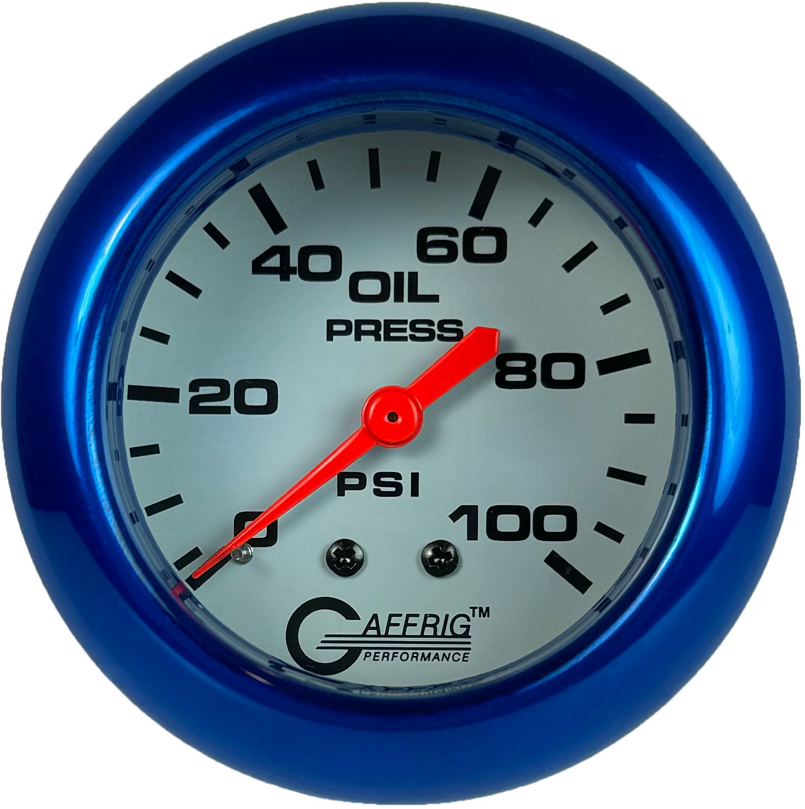 GAFFRIG PART #13011 2 5/8 INCH MECHANICAL OIL PRESSURE 0-100 PSI WHITE BLUE