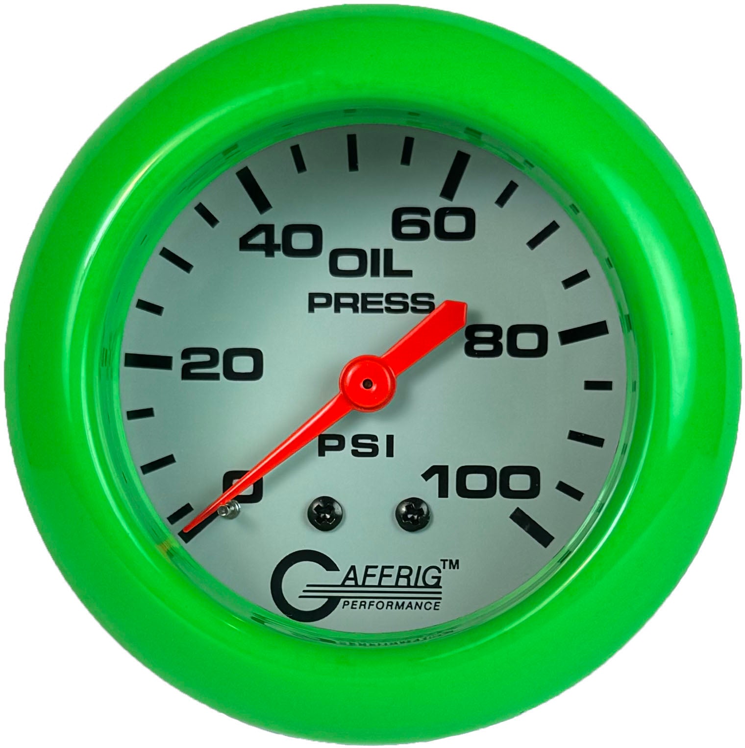 GAFFRIG PART #13011 2 5/8 INCH MECHANICAL OIL PRESSURE 0-100 PSI WHITE LIME GREEN
