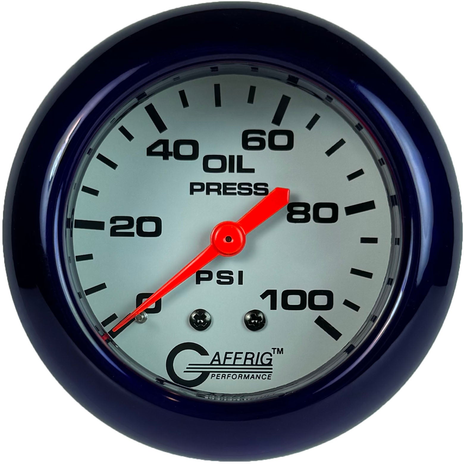 GAFFRIG PART #13011 2 5/8 INCH MECHANICAL OIL PRESSURE 0-100 PSI WHITE PURPLE