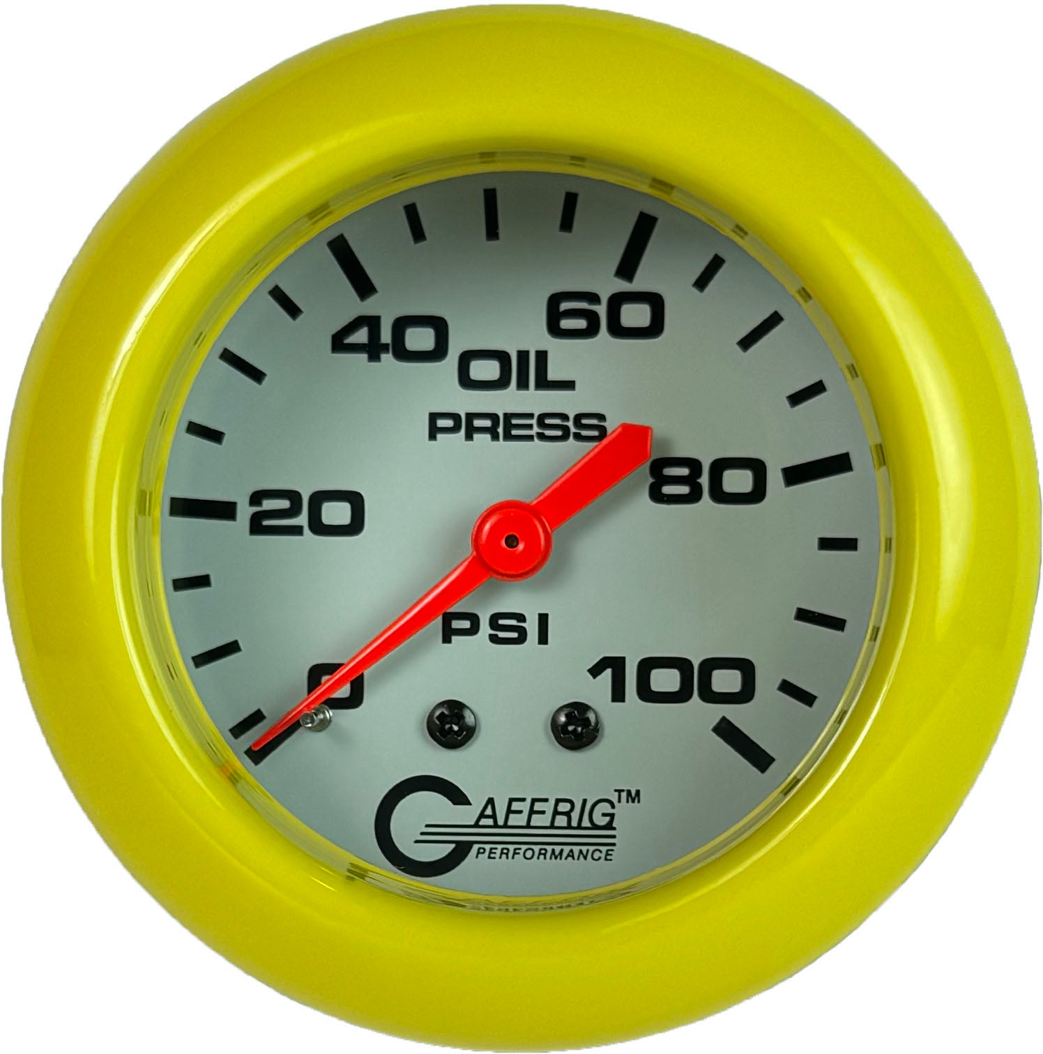 GAFFRIG PART #13011 2 5/8 INCH MECHANICAL OIL PRESSURE 0-100 PSI WHITE YELLOW