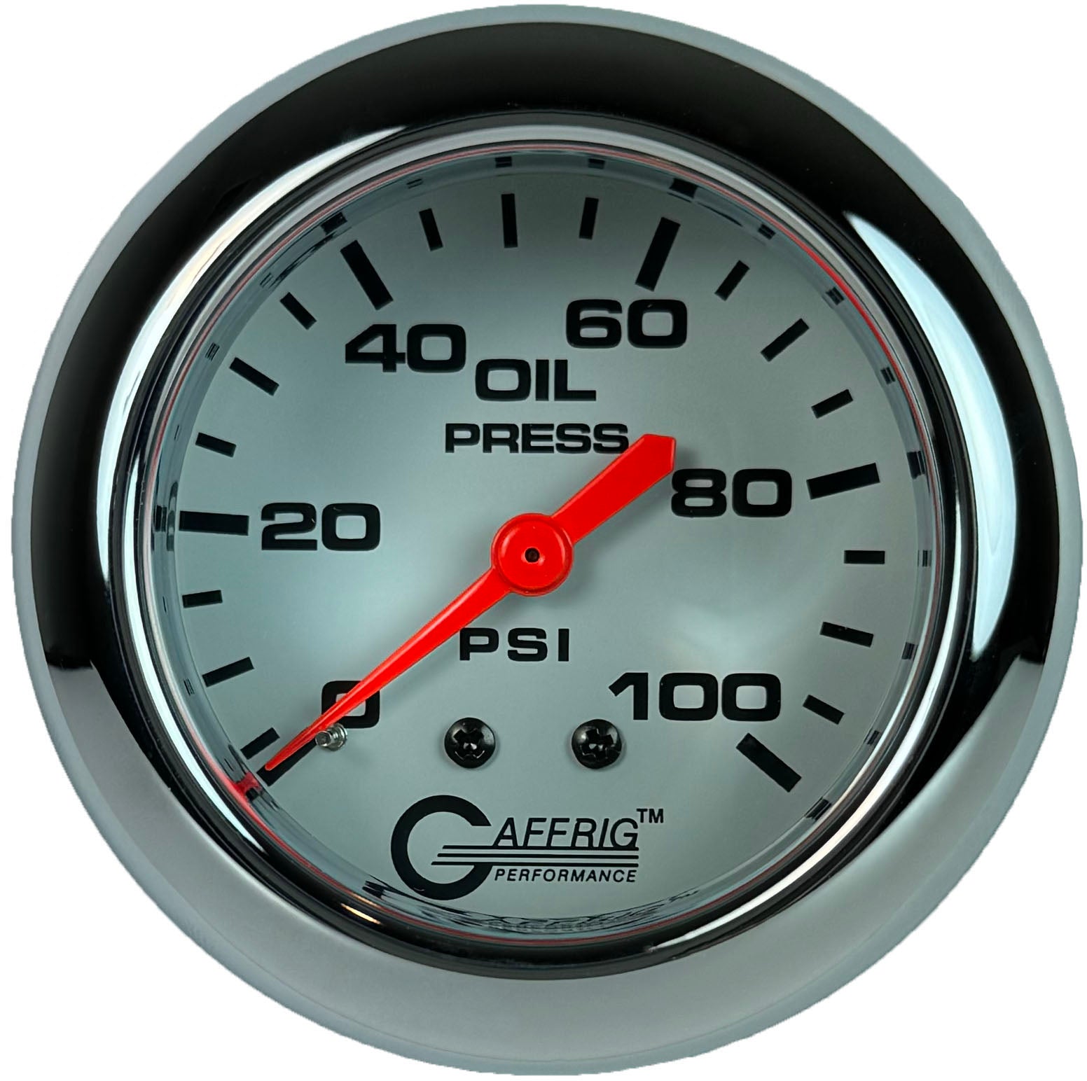 GAFFRIG PART #13011 2 5/8 INCH MECHANICAL OIL PRESSURE 0-100 PSI WHITE CHROME