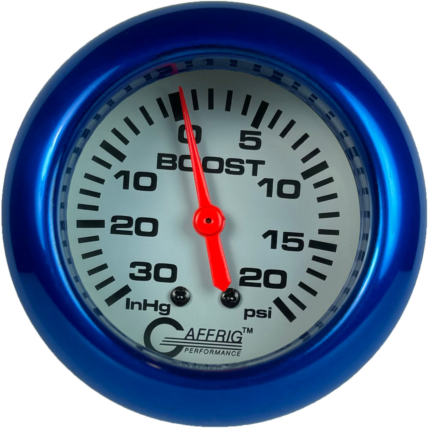GAFFRIG PART #13012 2 5/8 INCH MECHANICAL VACUUM 0-30 HG/BOOST GAUGE 0-20 PSI WHITE BLUE