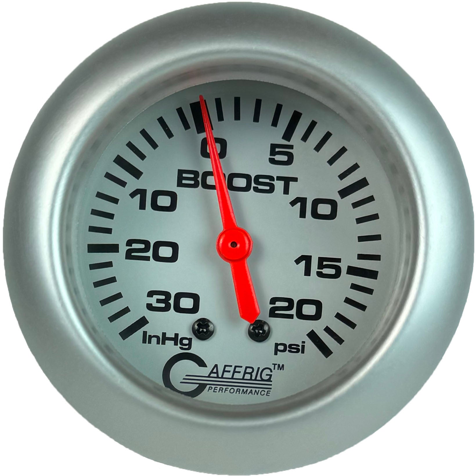 GAFFRIG PART #13012 2 5/8 INCH MECHANICAL VACUUM 0-30 HG/BOOST GAUGE 0-20 PSI WHITE PLATINUM