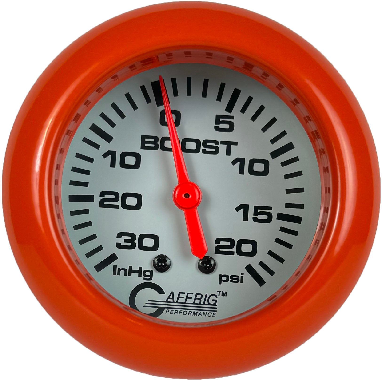 GAFFRIG PART #13012 2 5/8 INCH MECHANICAL VACUUM 0-30 HG/BOOST GAUGE 0-20 PSI WHITE ORANGE