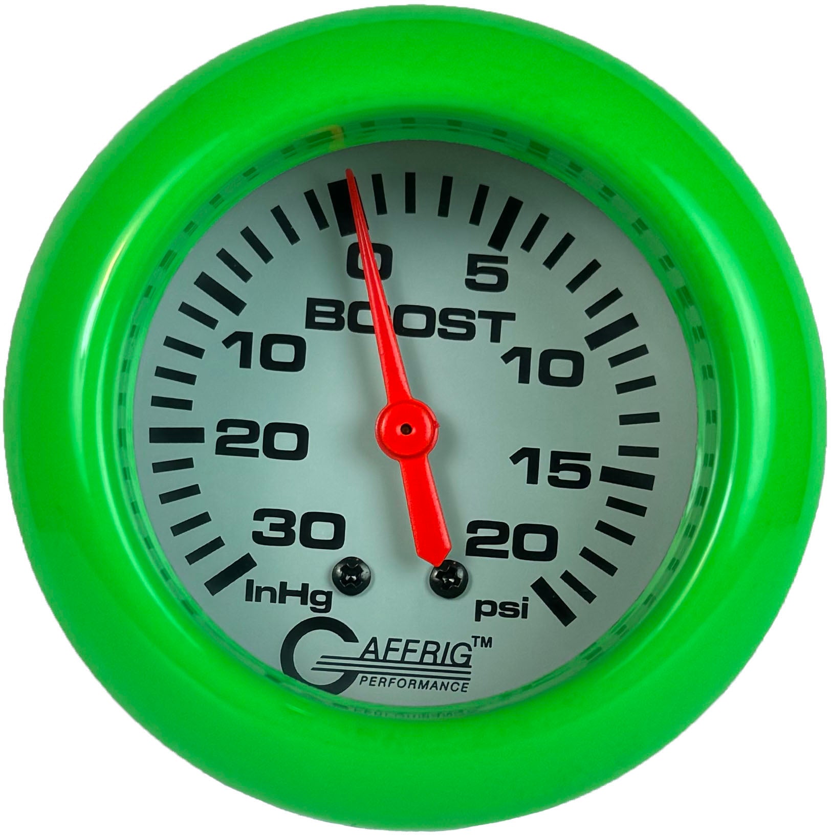 GAFFRIG PART #13012 2 5/8 INCH MECHANICAL VACUUM 0-30 HG/BOOST GAUGE 0-20 PSI WHITE LIME GREEN
