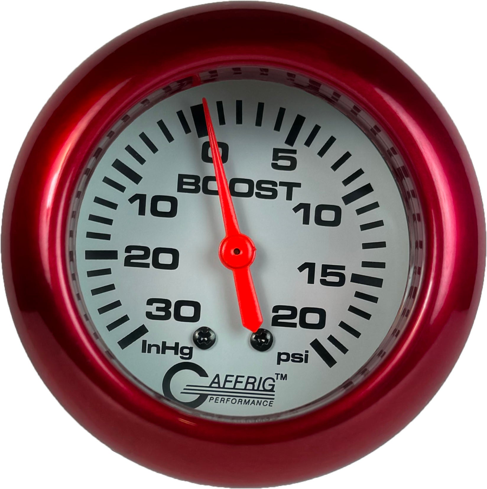 GAFFRIG PART #13012 2 5/8 INCH MECHANICAL VACUUM 0-30 HG/BOOST GAUGE 0-20 PSI WHITE RED