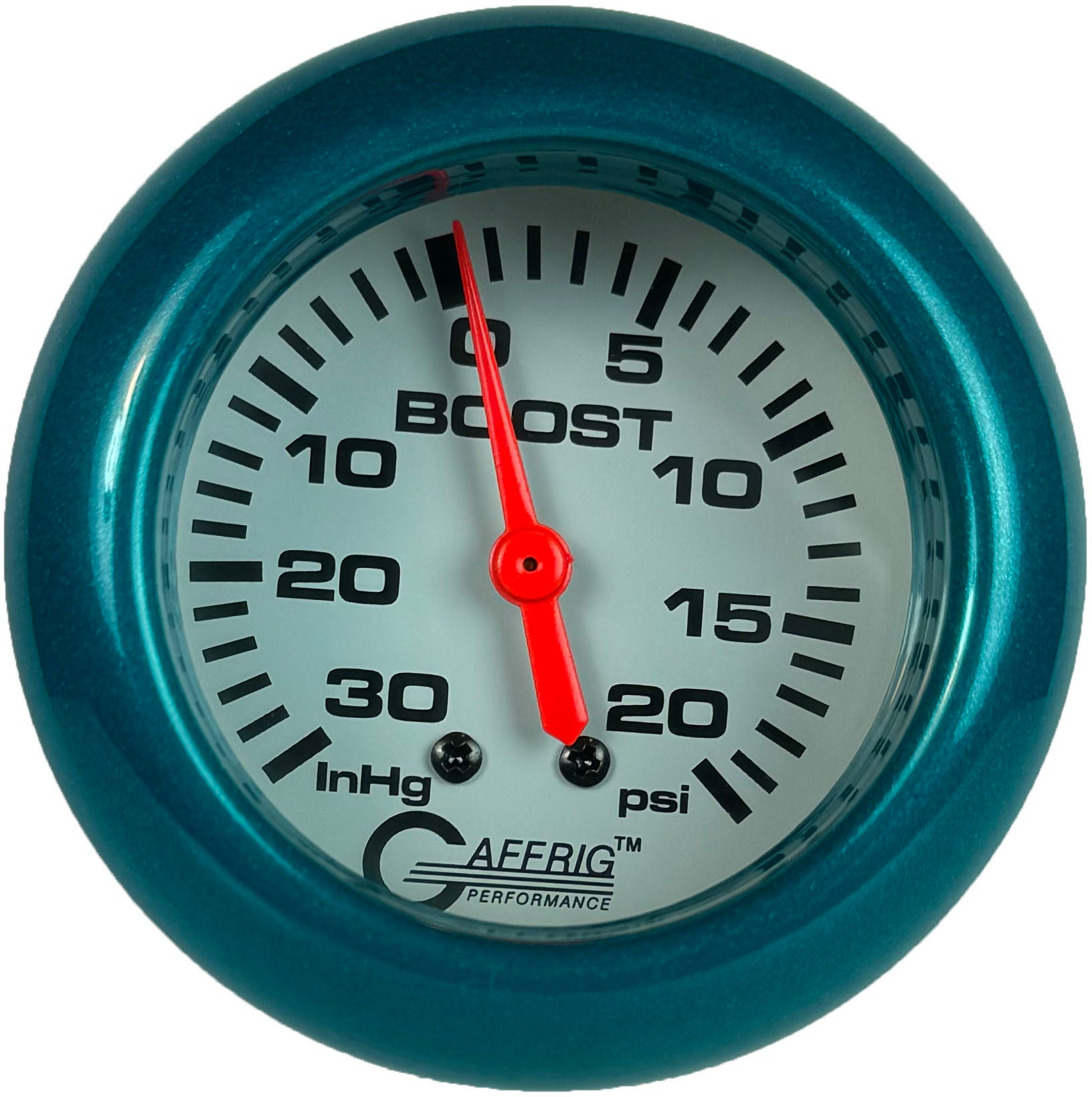 GAFFRIG PART #13012 2 5/8 INCH MECHANICAL VACUUM 0-30 HG/BOOST GAUGE 0-20 PSI WHITE TEAL