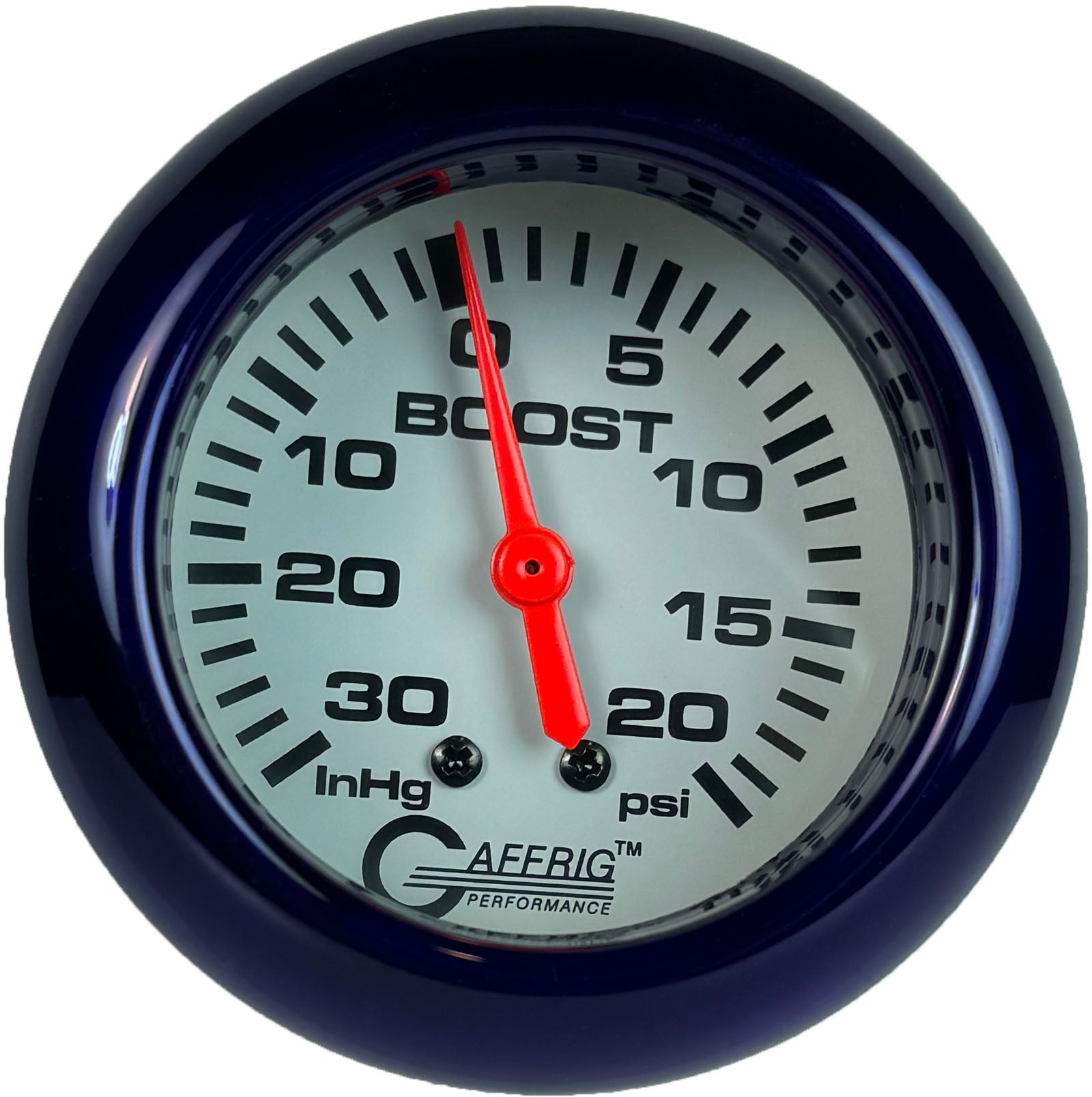 GAFFRIG PART #13012 2 5/8 INCH MECHANICAL VACUUM 0-30 HG/BOOST GAUGE 0-20 PSI WHITE PURPLE