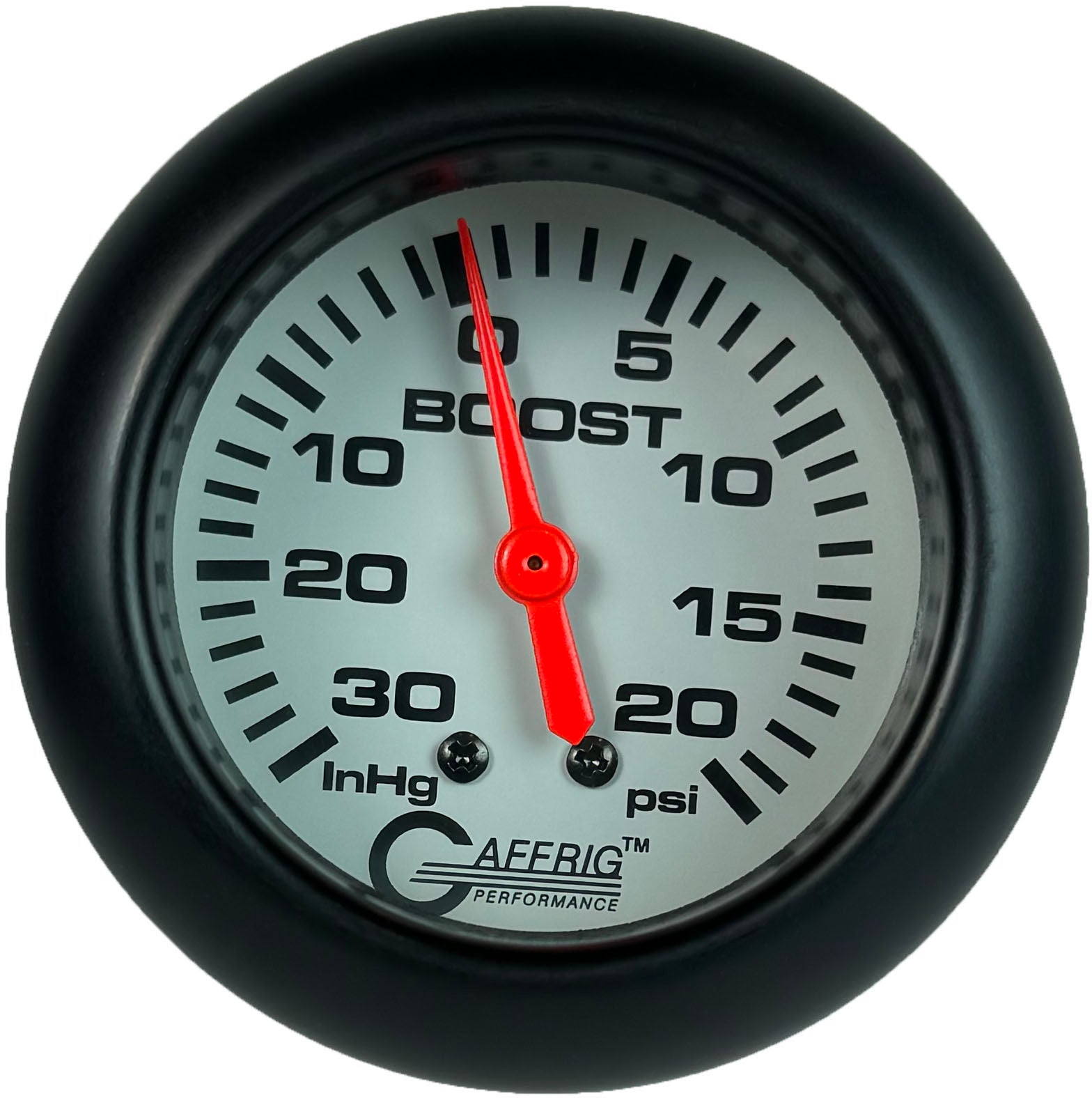 GAFFRIG PART #13012 2 5/8 INCH MECHANICAL VACUUM 0-30 HG/BOOST GAUGE 0-20 PSI WHITE BLACK