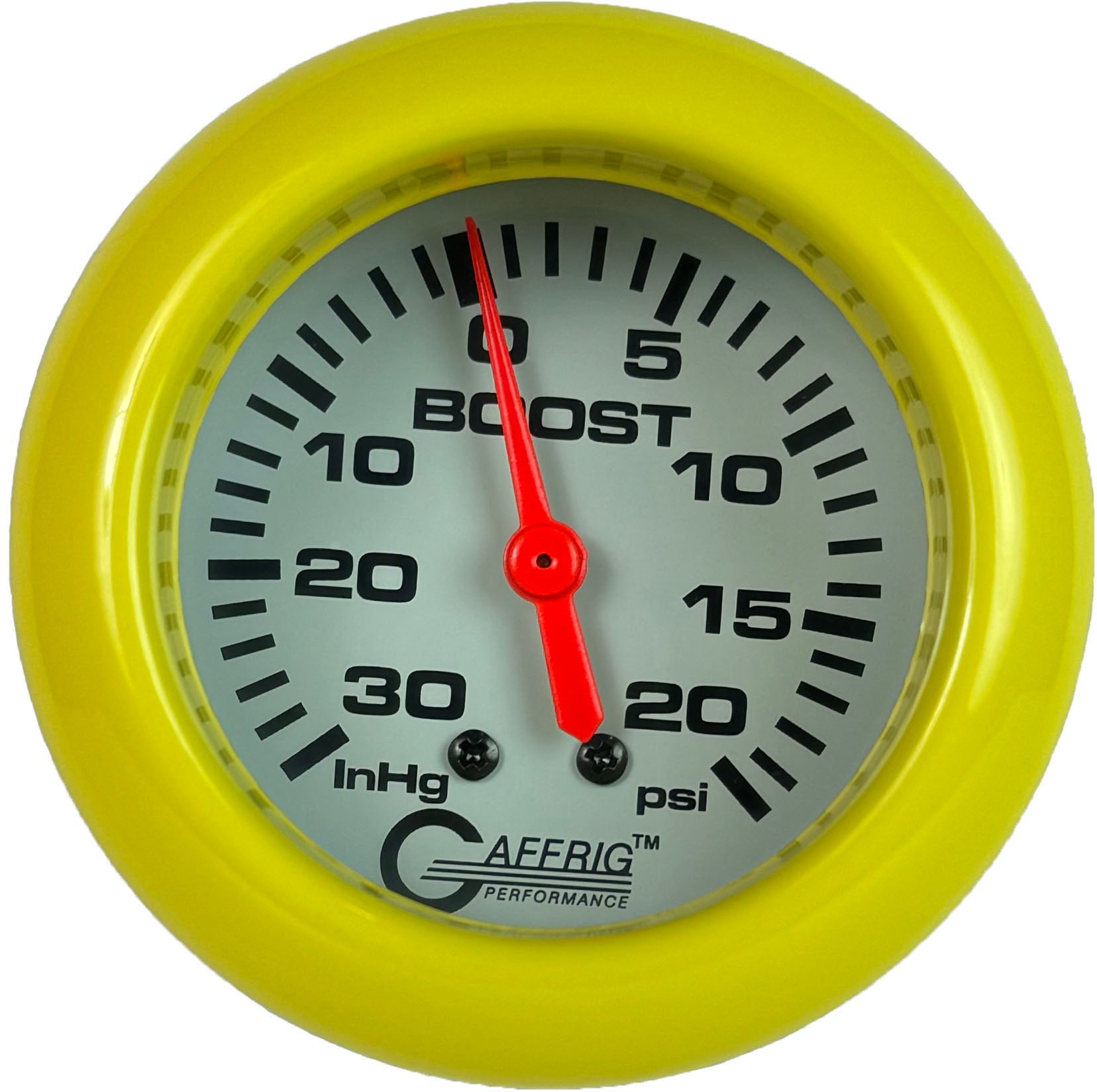 GAFFRIG PART #13012 2 5/8 INCH MECHANICAL VACUUM 0-30 HG/BOOST GAUGE 0-20 PSI WHITE YELLOW