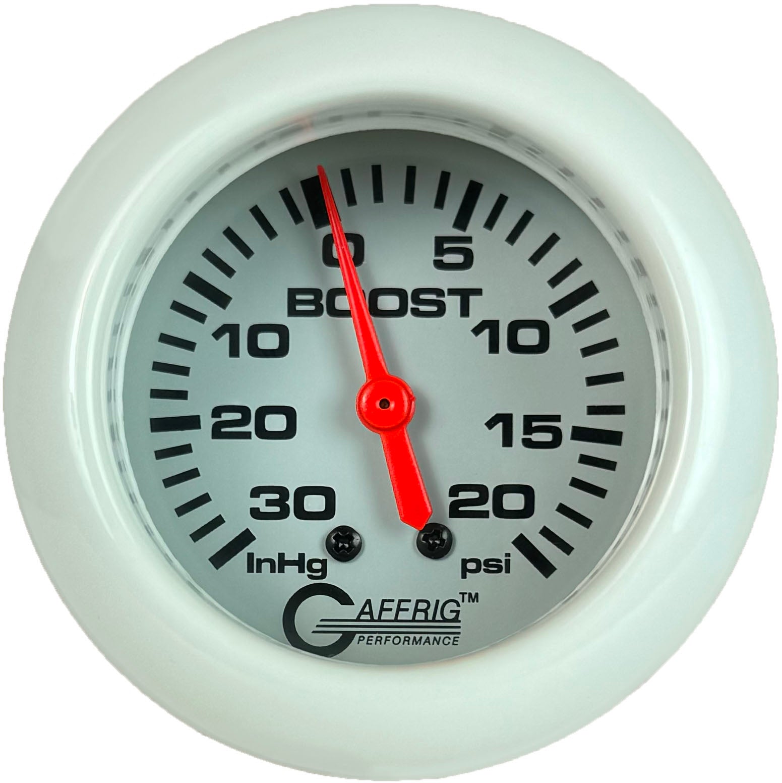 GAFFRIG PART #13012 2 5/8 INCH MECHANICAL VACUUM 0-30 HG/BOOST GAUGE 0-20 PSI WHITE WHITE