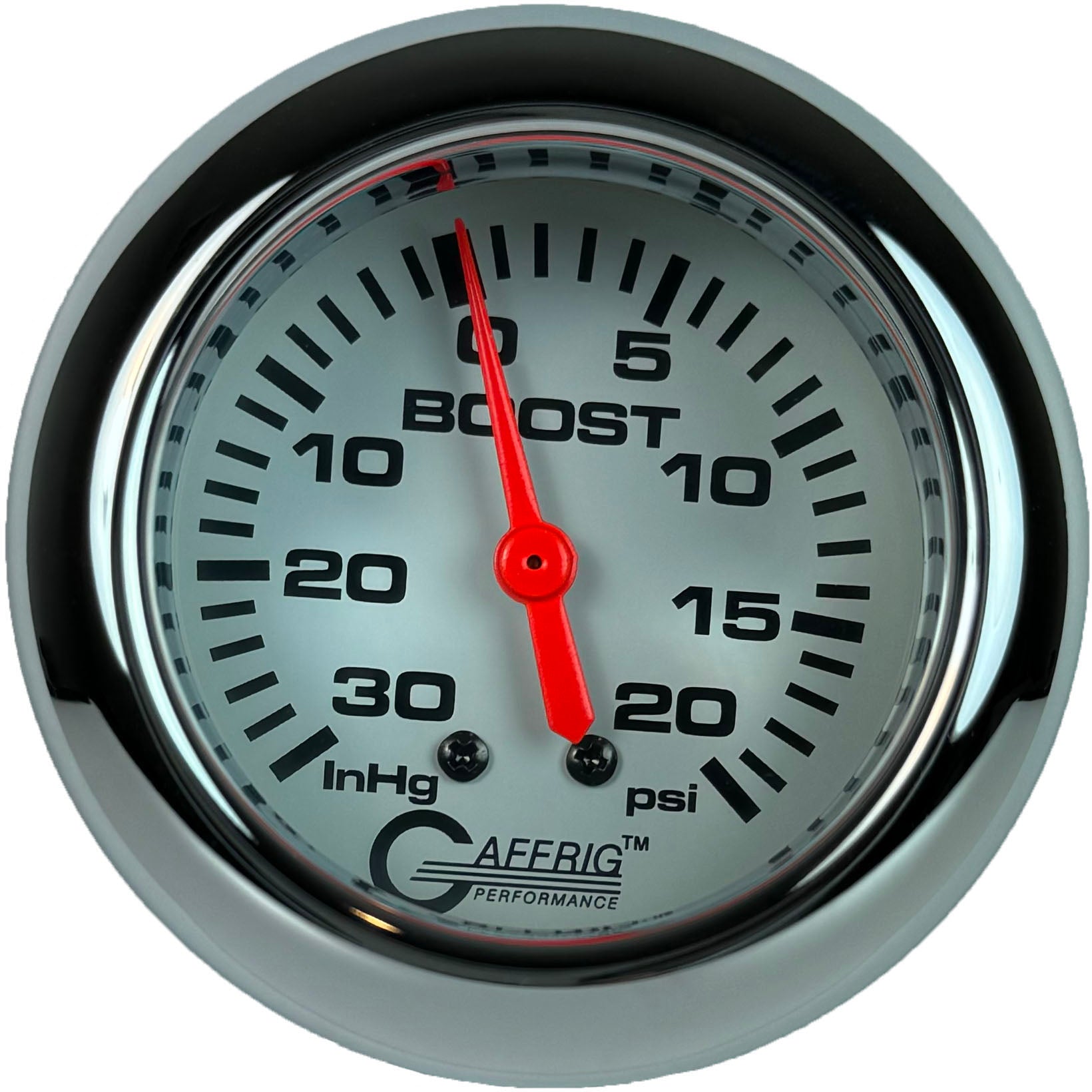 GAFFRIG PART #13012 2 5/8 INCH MECHANICAL VACUUM 0-30 HG/BOOST GAUGE 0-20 PSI WHITE CHROME