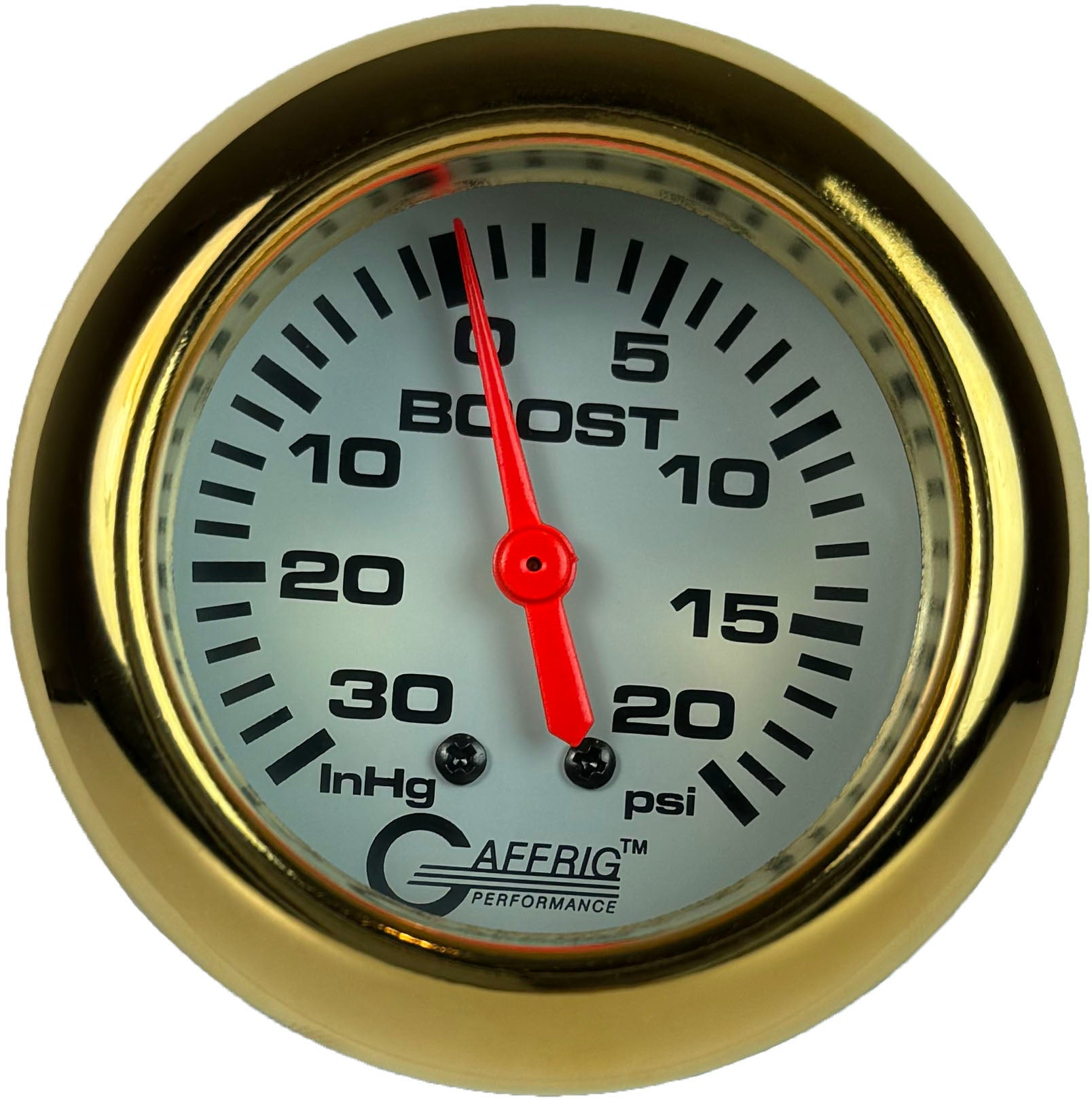 GAFFRIG PART #13012 2 5/8 INCH MECHANICAL VACUUM 0-30 HG/BOOST GAUGE 0-20 PSI WHITE GOLD