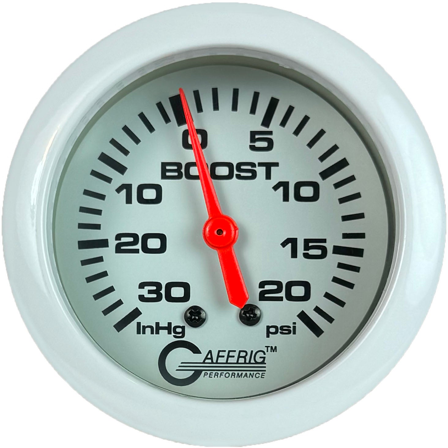 GAFFRIG PART #13012 2 5/8 INCH MECHANICAL VACUUM 0-30 HG/BOOST GAUGE 0-20 PSI WHITE NO FAT RIM (STANDARD)