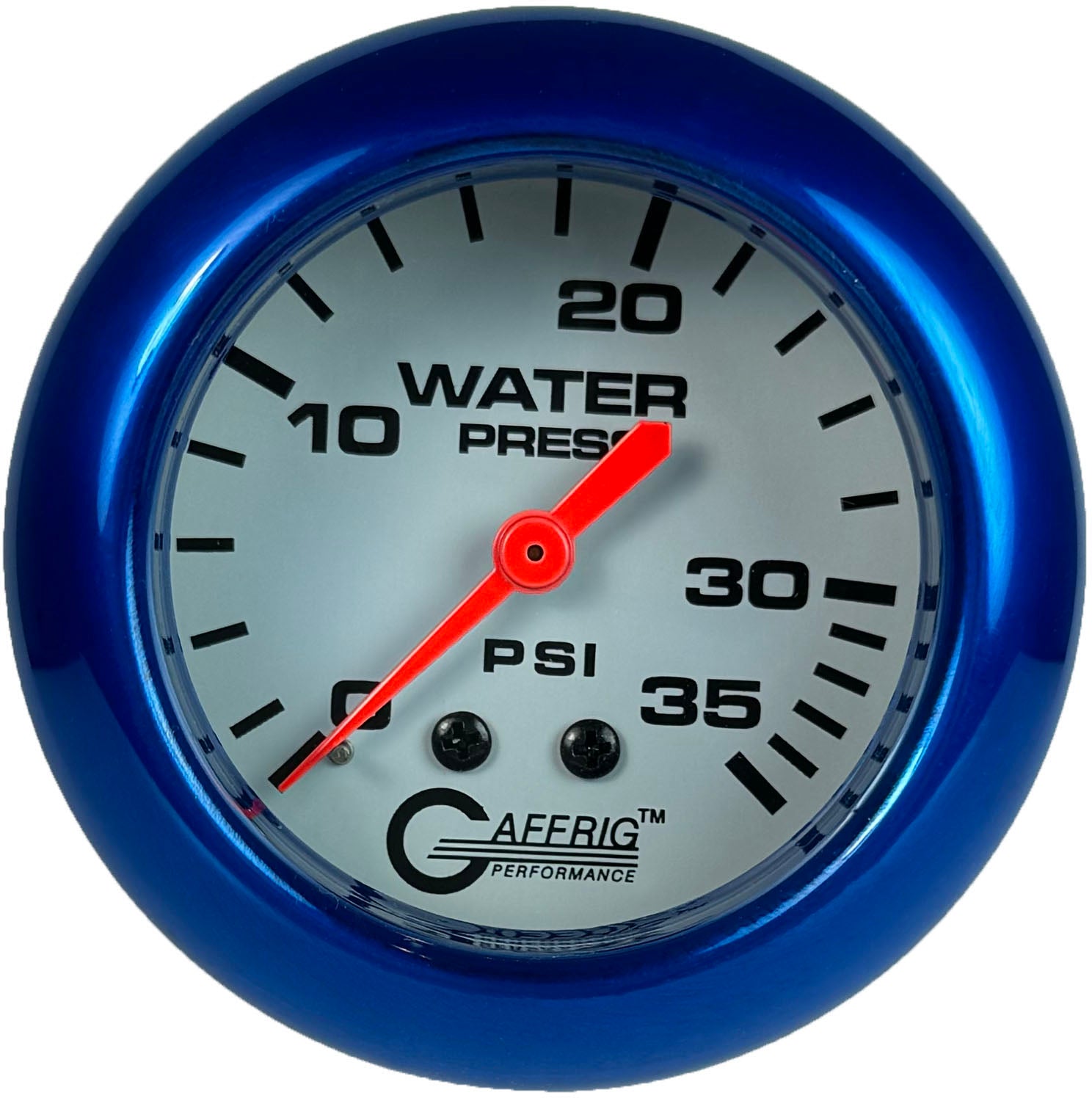GAFFRIG PART #13014 2 5/8 INCH MECHANICAL WATER PRESSURE GAUGE 0-35 PSI WHITE BLUE