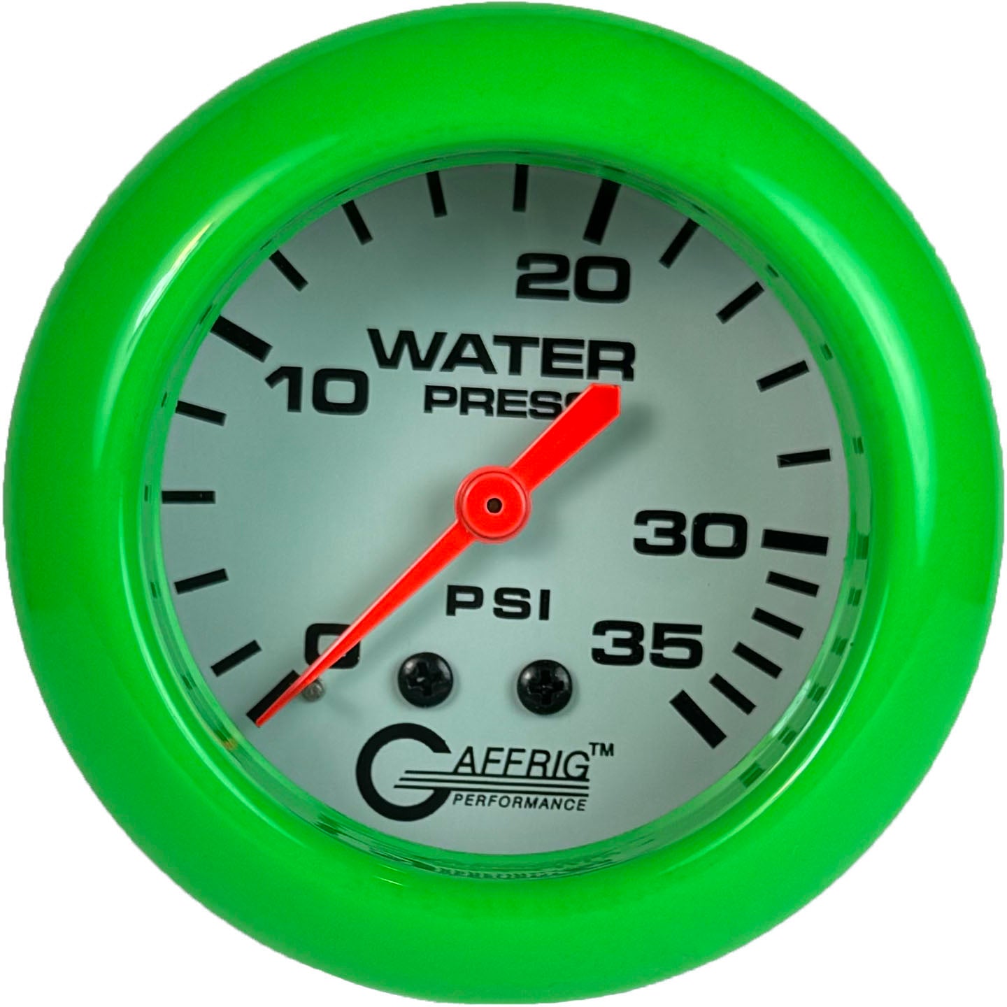 GAFFRIG PART #13014 2 5/8 INCH MECHANICAL WATER PRESSURE GAUGE 0-35 PSI WHITE LIME GREEN