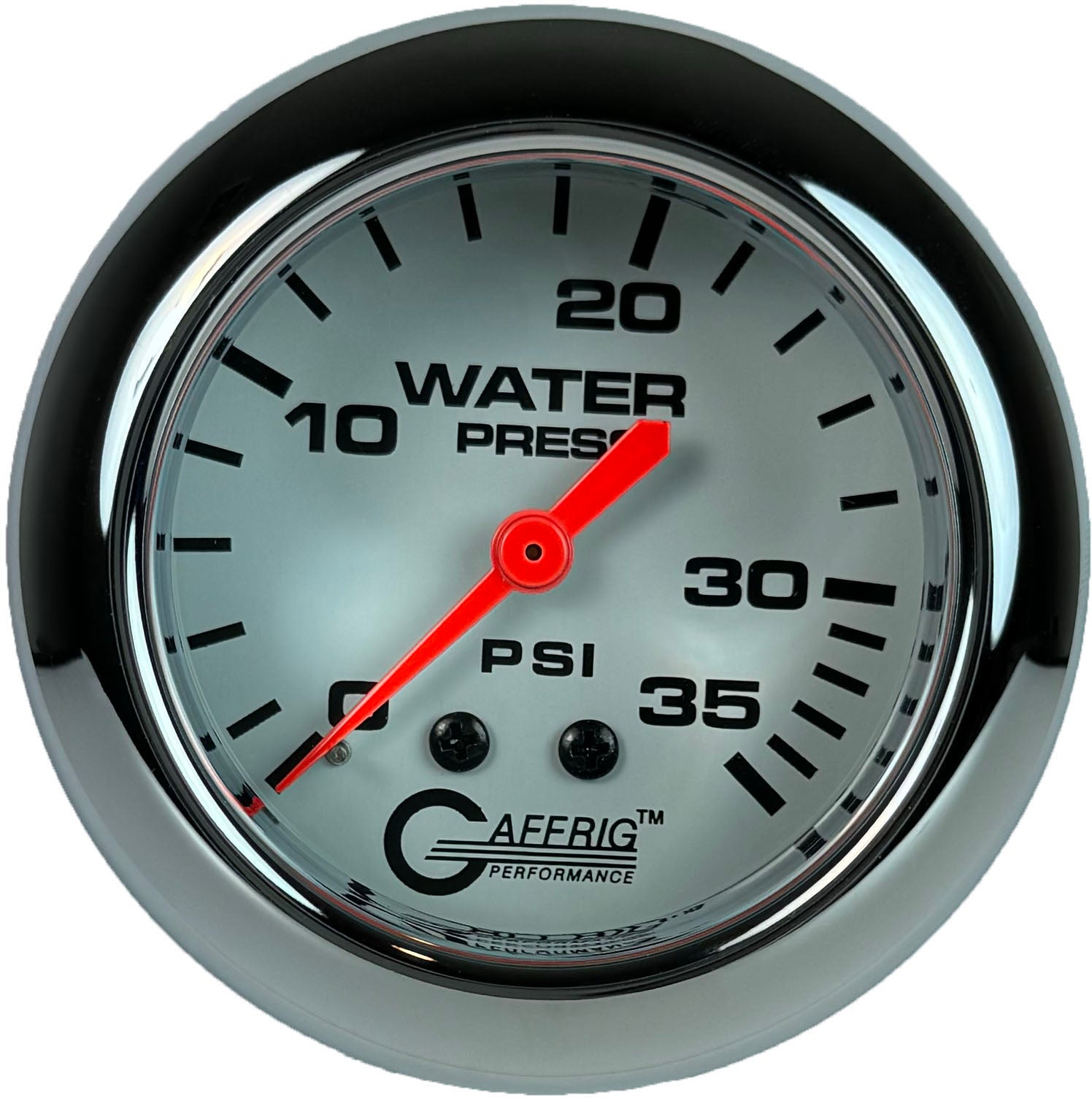 GAFFRIG PART #13014 2 5/8 INCH MECHANICAL WATER PRESSURE GAUGE 0-35 PSI WHITE CHROME