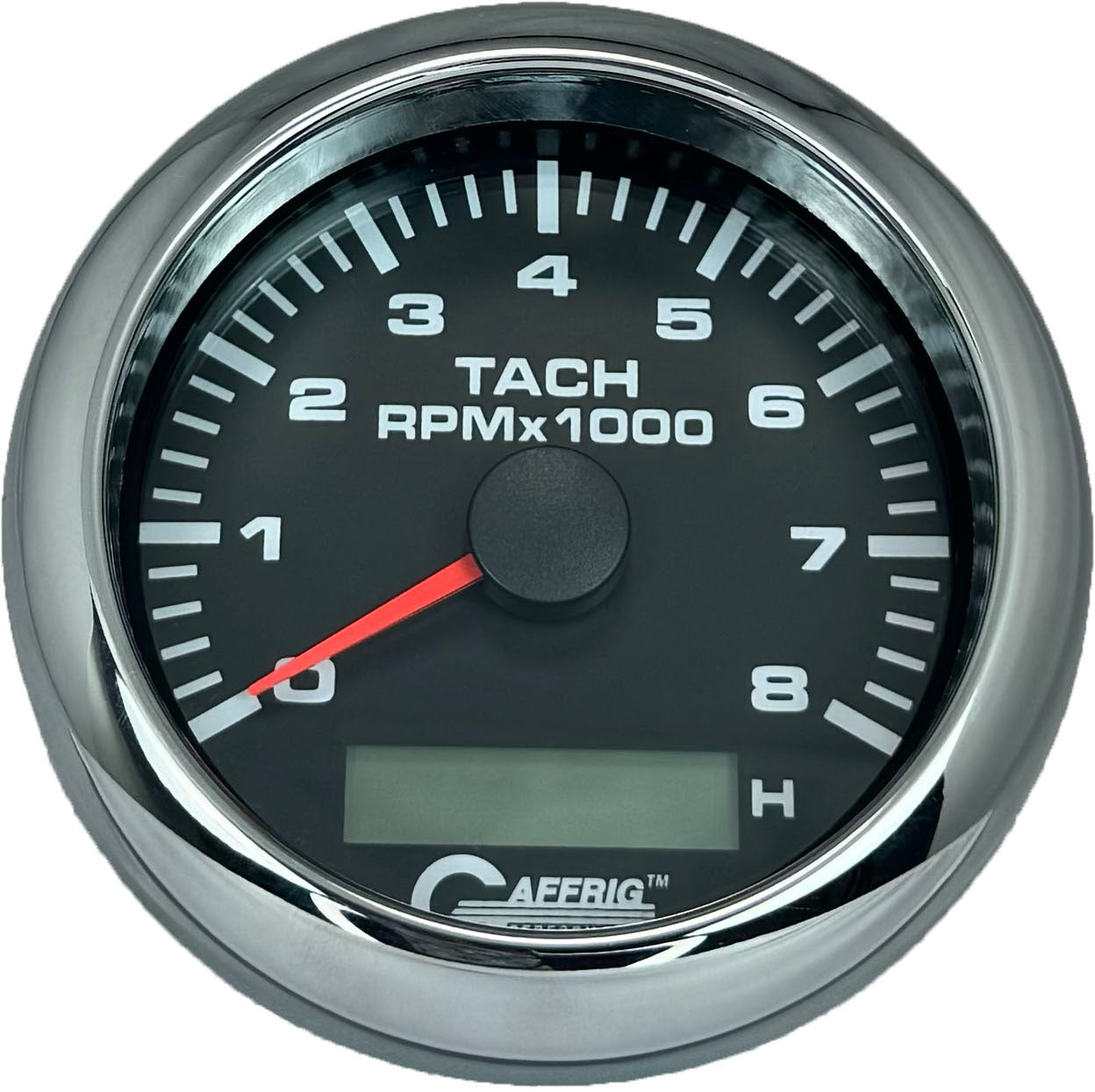 GAFFRIG PART #184260 3 3/8 INCH ELECTRIC TACH/HOUR METER GUAGE 0-8000 RPM BLACK CHROME / STEP RIM