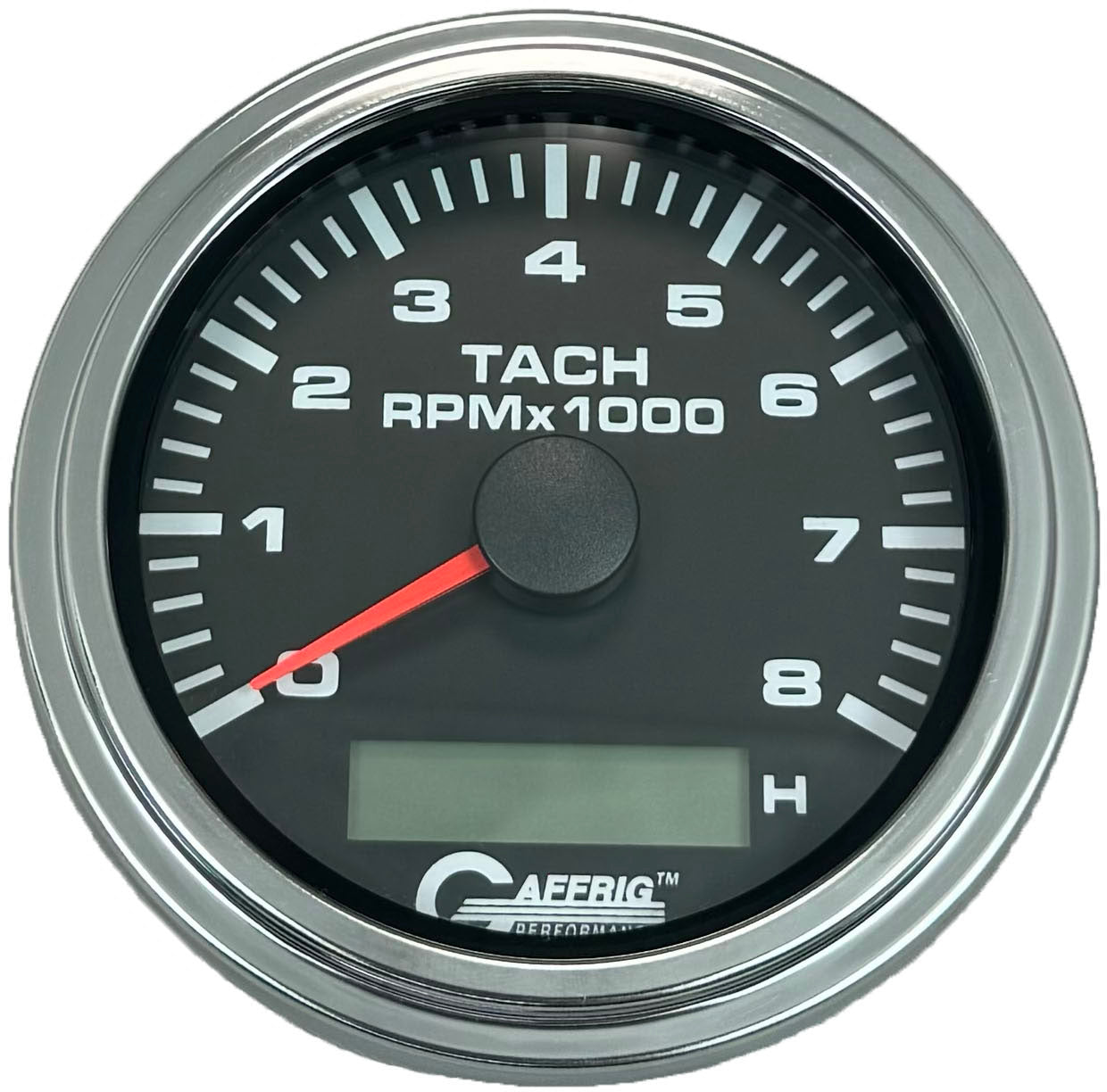 GAFFRIG PART #184260 3 3/8 INCH ELECTRIC TACH/HOUR METER GUAGE 0-8000 RPM BLACK CHROME / STEP RIM