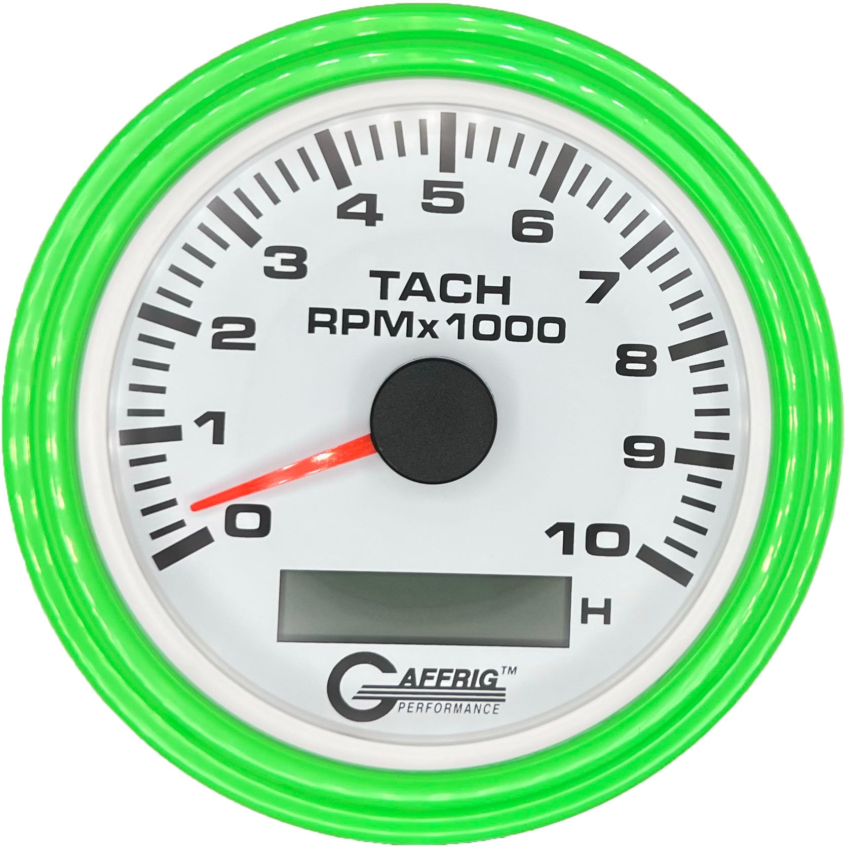 GAFFRIG PART #184756 3 3/8 INCH ELECTRIC TACH/HOUR METER GAUGE 0-10000 RPM WHITE LIME GREEN / STEP RIM