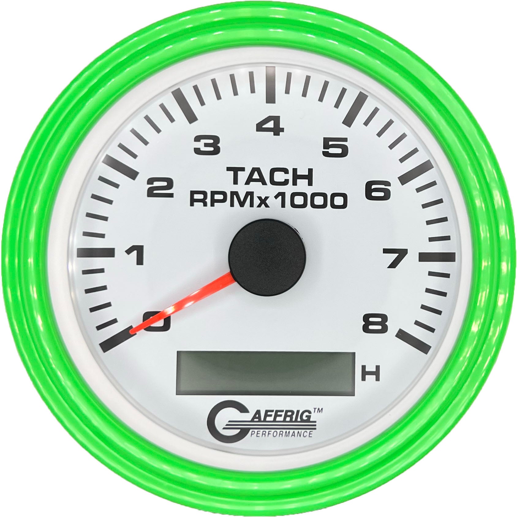 GAFFRIG PART #184760 3 3/8 INCH ELECTRIC TACH/HOUR METER GAUGE 0-8000 RPM WHITE LIME GREEN / STEP RIM