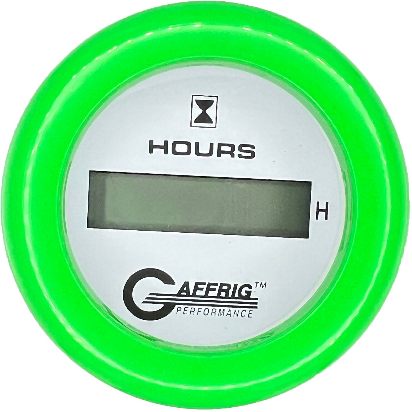 GAFFRIG PART #195510 2 INCH ELECTRIC ENGINE HOUR METER GAUGE WHITE LIME GREEN / STEP RIM