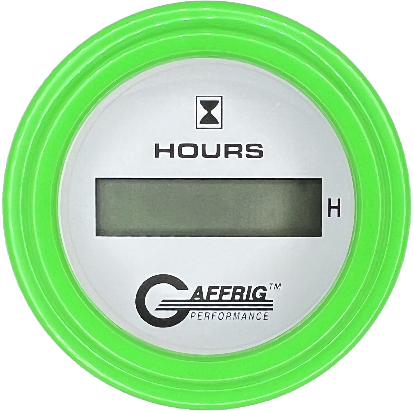 GAFFRIG PART #195510 2 INCH ELECTRIC ENGINE HOUR METER GAUGE WHITE LIME GREEN / STEP RIM