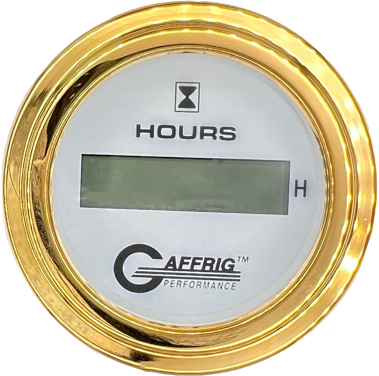 GAFFRIG PART #195510 2 INCH ELECTRIC ENGINE HOUR METER GAUGE WHITE GOLD / STEP RIM