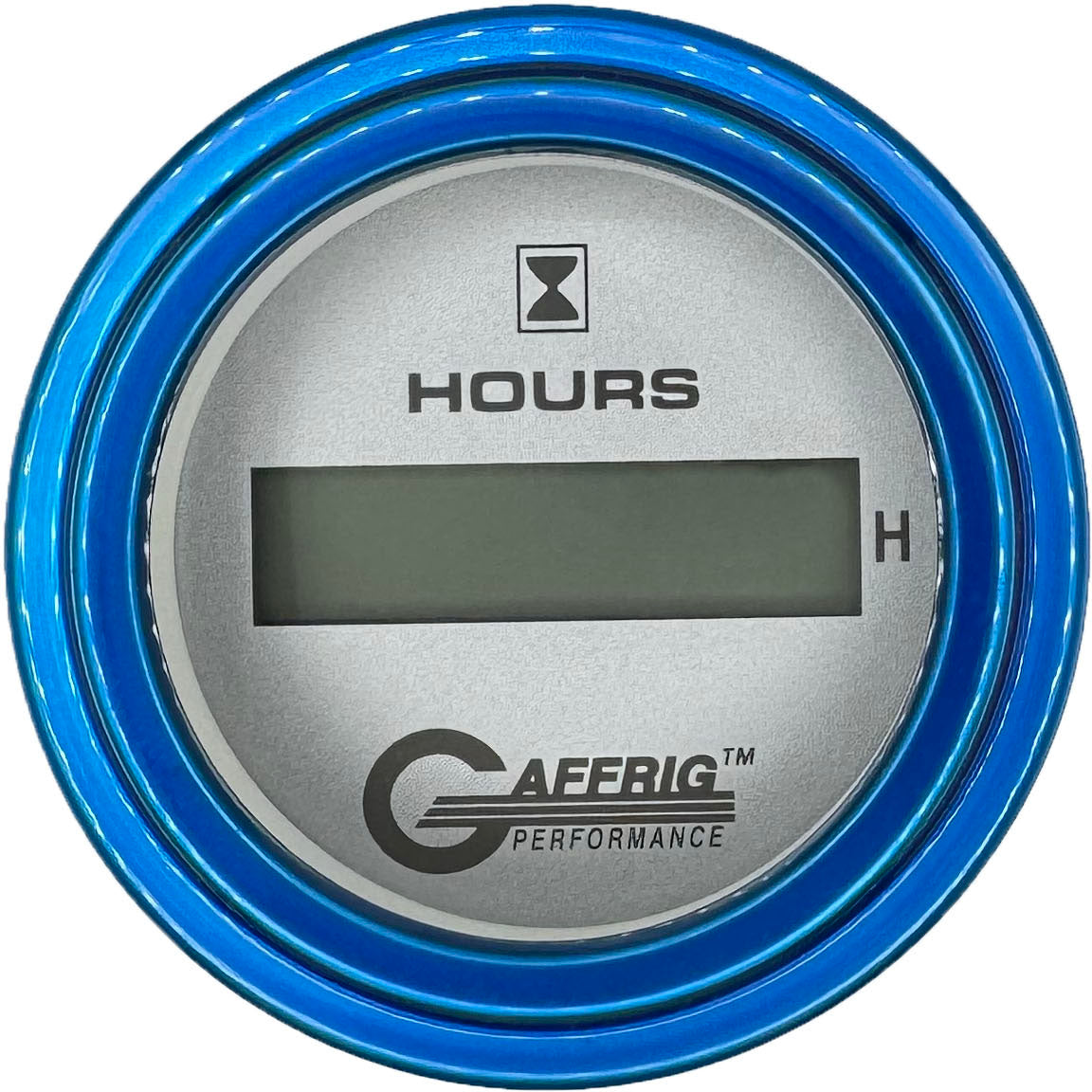 GAFFRIG PART #185810 2 INCH ELECTRIC ENGINE HOUR METER GAUGE PLATINUM BLUE / STEP RIM