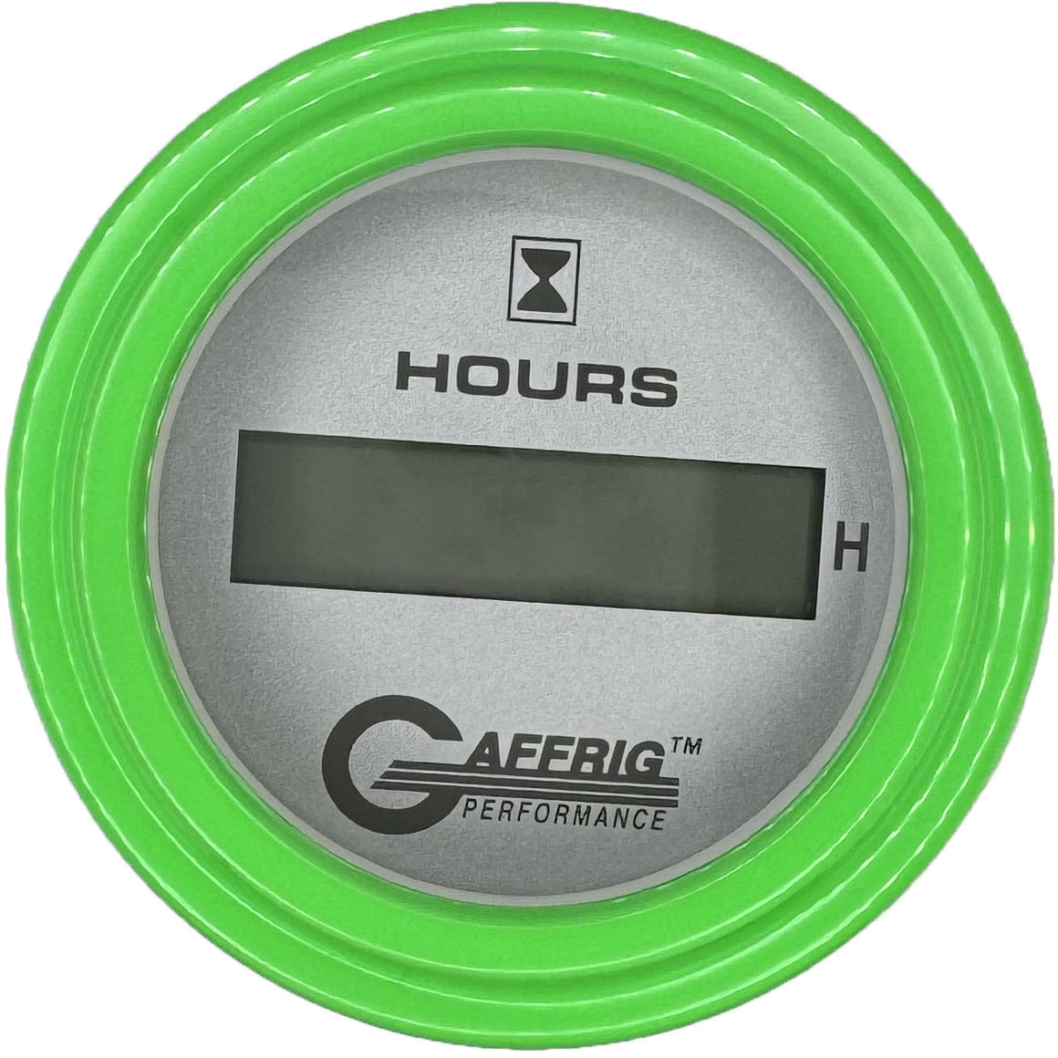 GAFFRIG PART #185810 2 INCH ELECTRIC ENGINE HOUR METER GAUGE PLATINUM LIME GREEN / STEP RIM