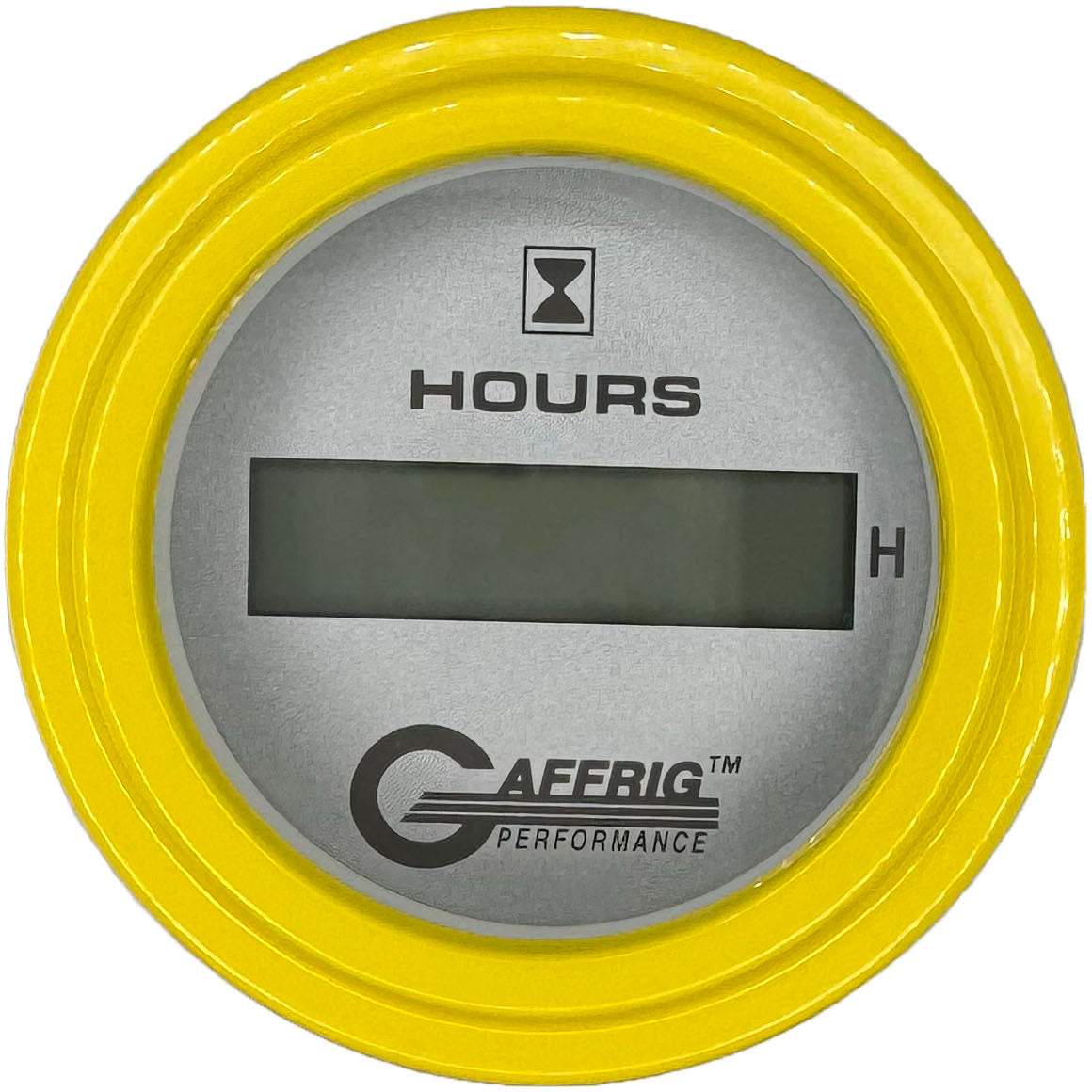 GAFFRIG PART #185810 2 INCH ELECTRIC ENGINE HOUR METER GAUGE PLATINUM YELLOW / STEP RIM