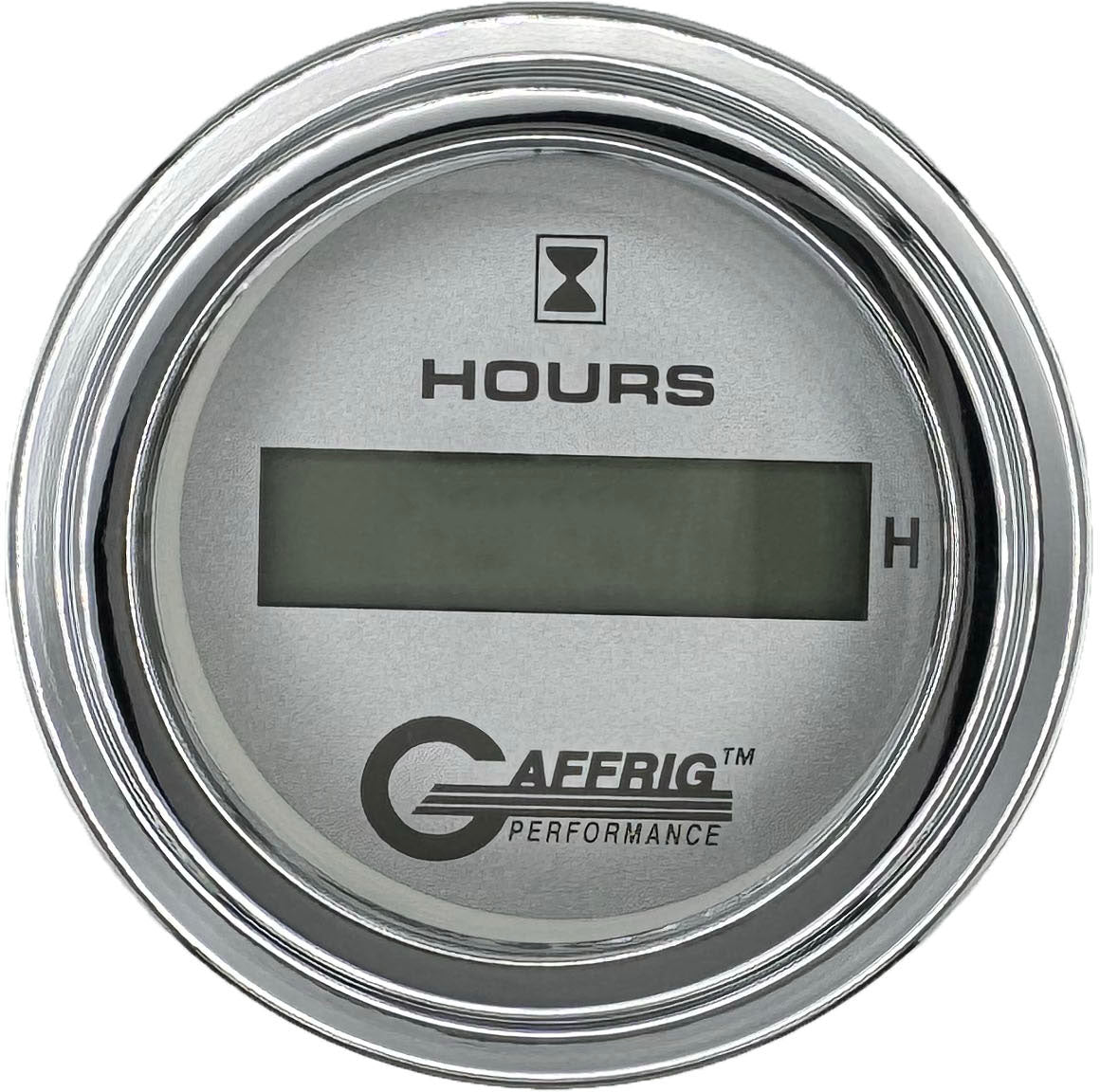 GAFFRIG PART #185810 2 INCH ELECTRIC ENGINE HOUR METER GAUGE PLATINUM CHROME / STEP RIM