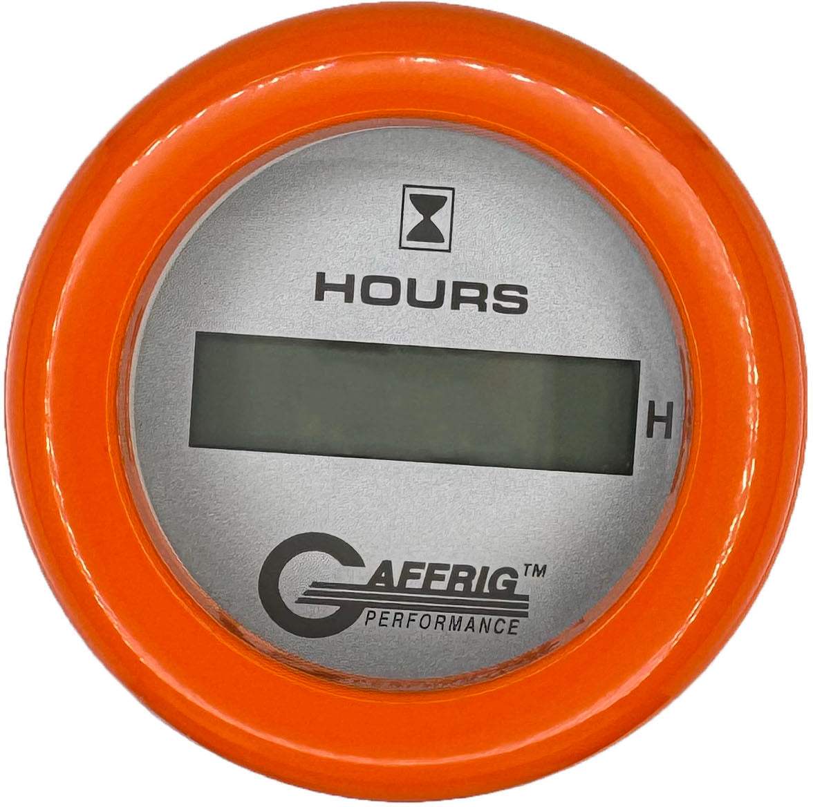 GAFFRIG PART #185810 2 INCH ELECTRIC ENGINE HOUR METER GAUGE PLATINUM ORANGE / FAT RIM