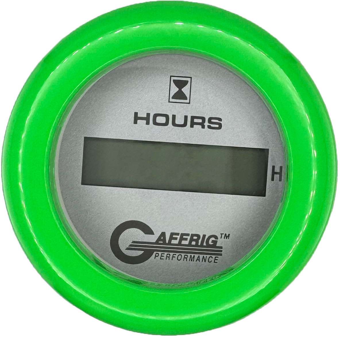 GAFFRIG PART #185810 2 INCH ELECTRIC ENGINE HOUR METER GAUGE PLATINUM LIME GREEN / FAT RIM
