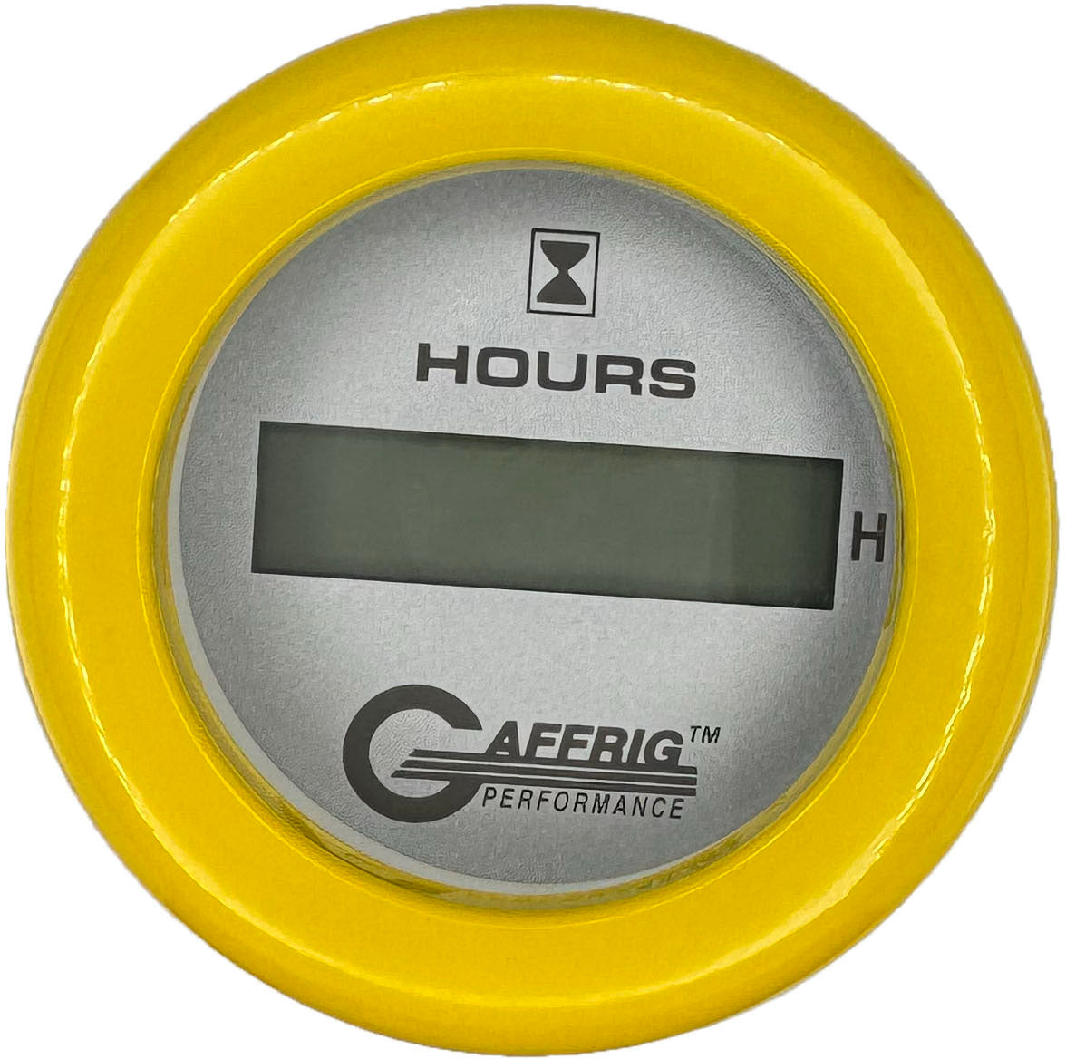 GAFFRIG PART #185810 2 INCH ELECTRIC ENGINE HOUR METER GAUGE PLATINUM YELLOW / FAT RIM