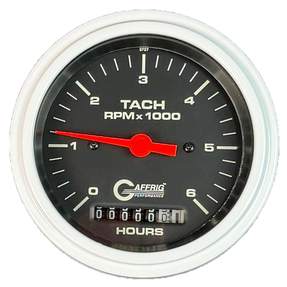 GAFFRIG PART #194258 3 3/8 INCH ELECTRIC TACH/HOUR METER MARINE BOAT GAUGE 0-6000 RPM BLACK