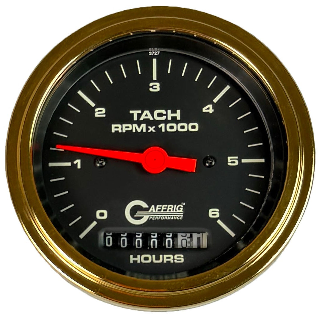 GAFFRIG PART #194258 3 3/8 INCH ELECTRIC TACH/HOUR METER MARINE BOAT GAUGE 0-6000 RPM BLACK