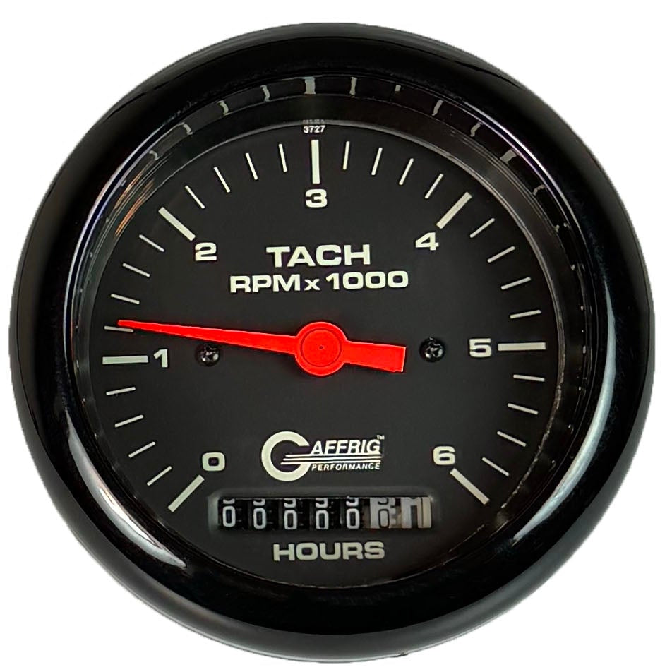 GAFFRIG PART #194258 3 3/8 INCH ELECTRIC TACH/HOUR METER MARINE BOAT GAUGE 0-6000 RPM BLACK