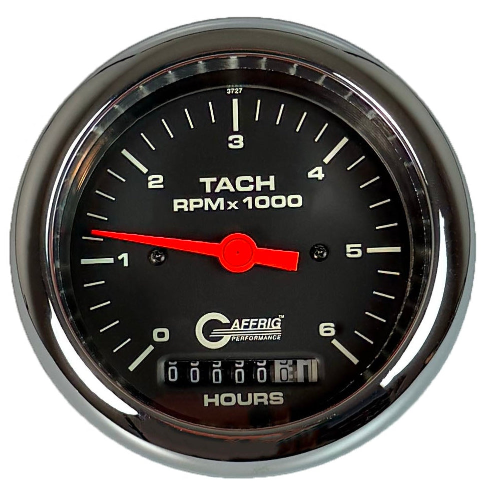 GAFFRIG PART #194258 3 3/8 INCH ELECTRIC TACH/HOUR METER MARINE BOAT GAUGE 0-6000 RPM BLACK