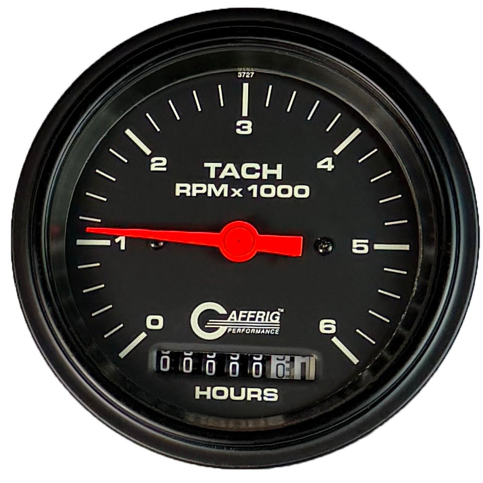 GAFFRIG PART #194258 3 3/8 INCH ELECTRIC TACH/HOUR METER MARINE BOAT GAUGE 0-6000 RPM BLACK