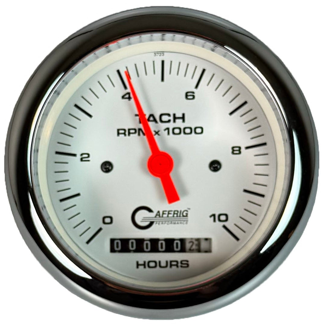 GAFFRIG PART #194756 3 3/8 INCH ELECTRIC TACH/HOUR METER MARINE BOAT GAUGE 0-10000 RPM WHITE
