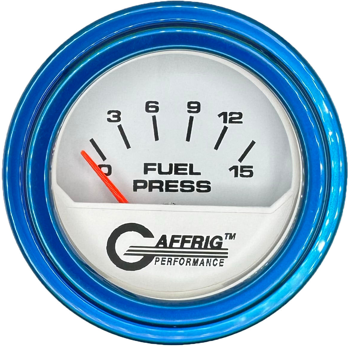 GAFFRIG PART #195506 2 INCH ELECTRIC FUEL PRESS. GAUGE 0-15 PSI WHITE BLUE / STEP RIM