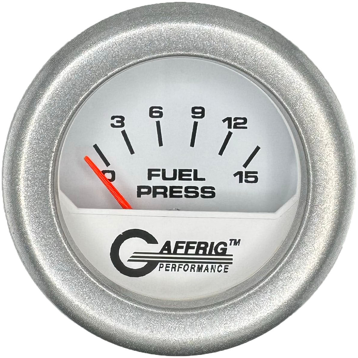 GAFFRIG PART #195506 2 INCH ELECTRIC FUEL PRESS. GAUGE 0-15 PSI WHITE PLATINUM / STEP RIM